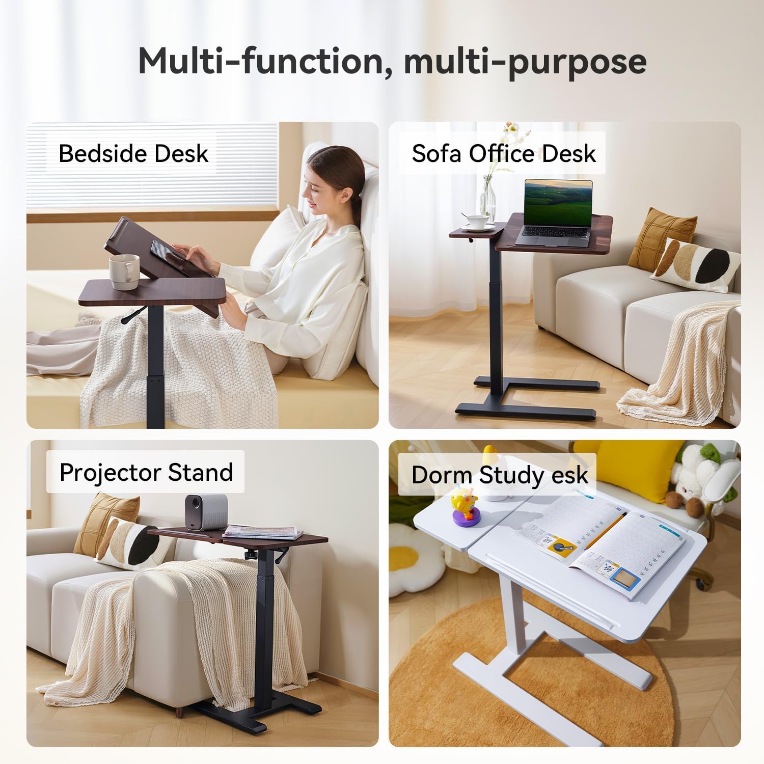 SIHOO D01 Tables de lit médicales Inclinable et Réglable avec roulettes, Bureau Mobile Pneumatique pour Ordinateur Portable, Mobile Support Ordinateur Portable lit（Noyer foncé）