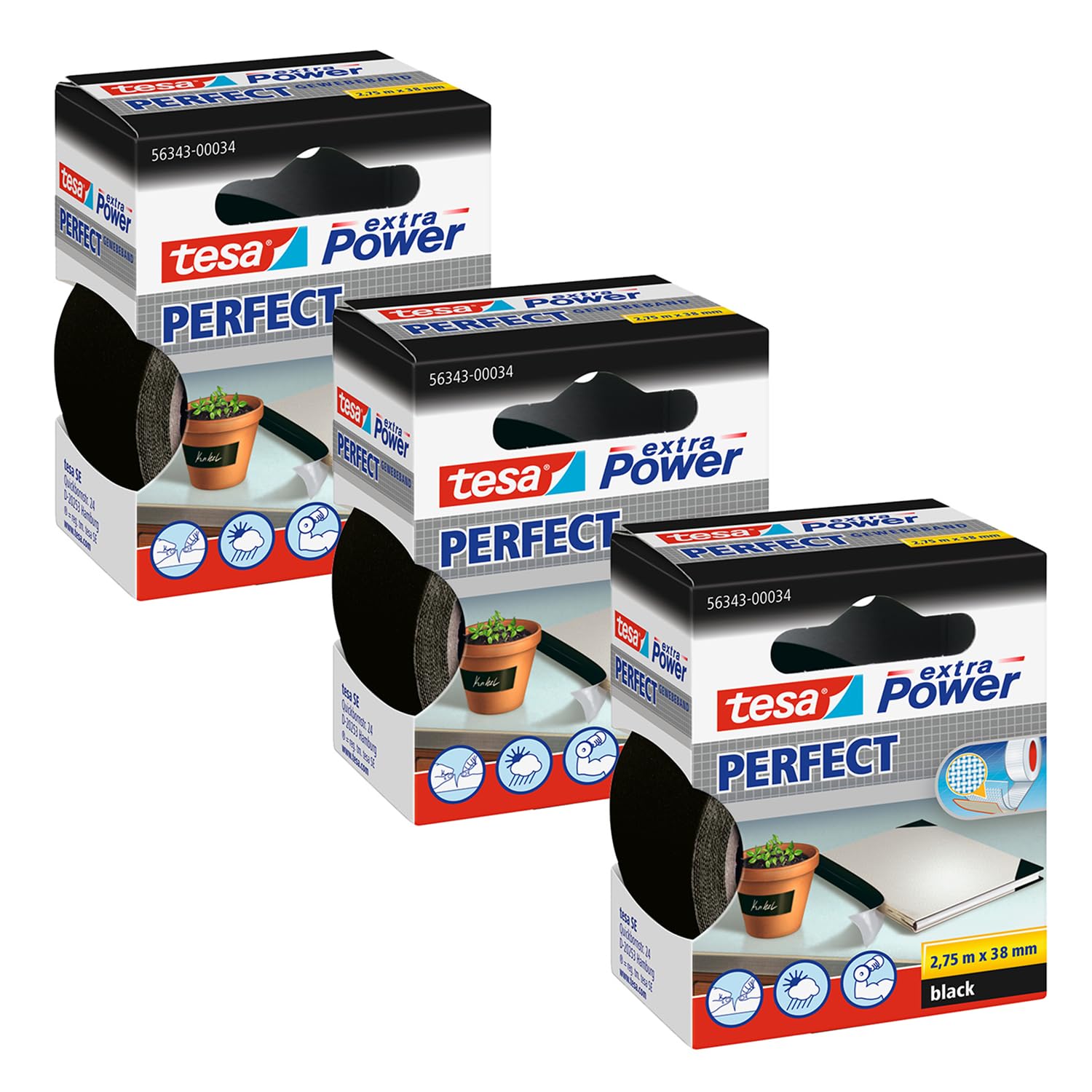 tesa extra Power Perfect Gewebeband - 3er-Pack - Schwarz - 2,75 m x 38 mm