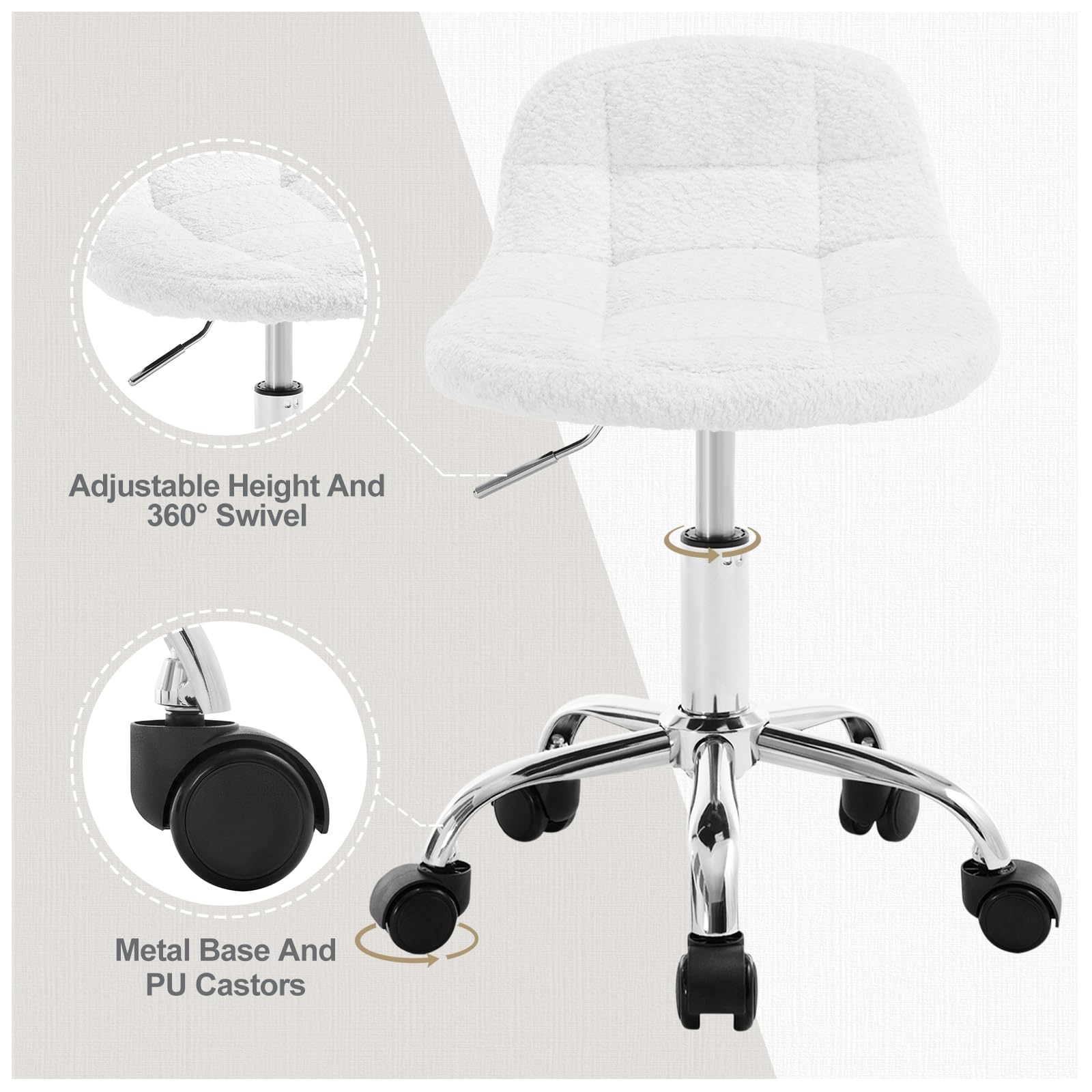 WOLTU Tabouret de Bureau Pivotant à roulettes, Tabouret avec Dossier Réglable en Hauteur Entre 43,5 et 55cm, en Chenille, Blanc, BS174ws