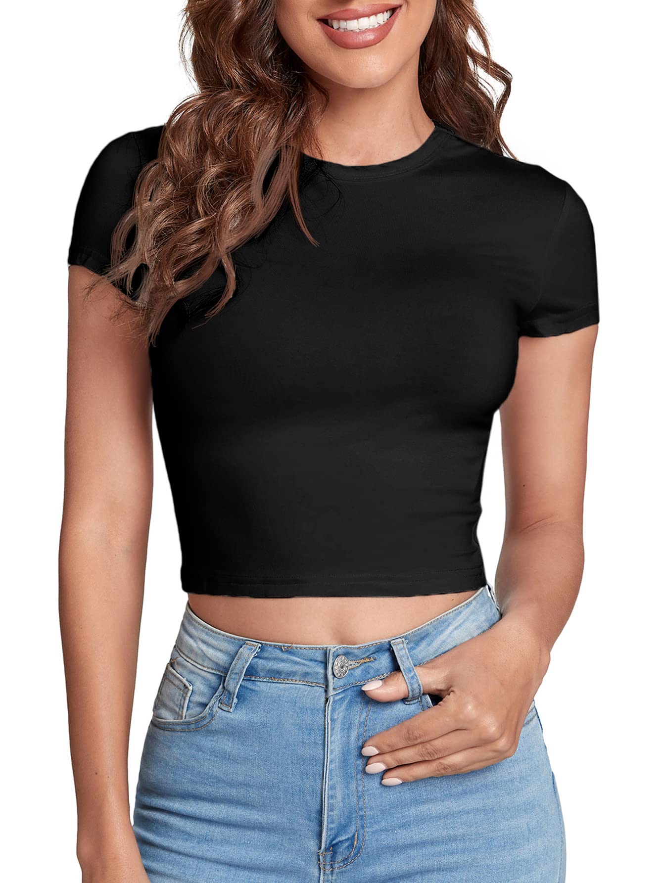 Verdusa Women's Casual Basic Cap Sleeve Slim Fitted Round Neck Crop Tee Top Navy