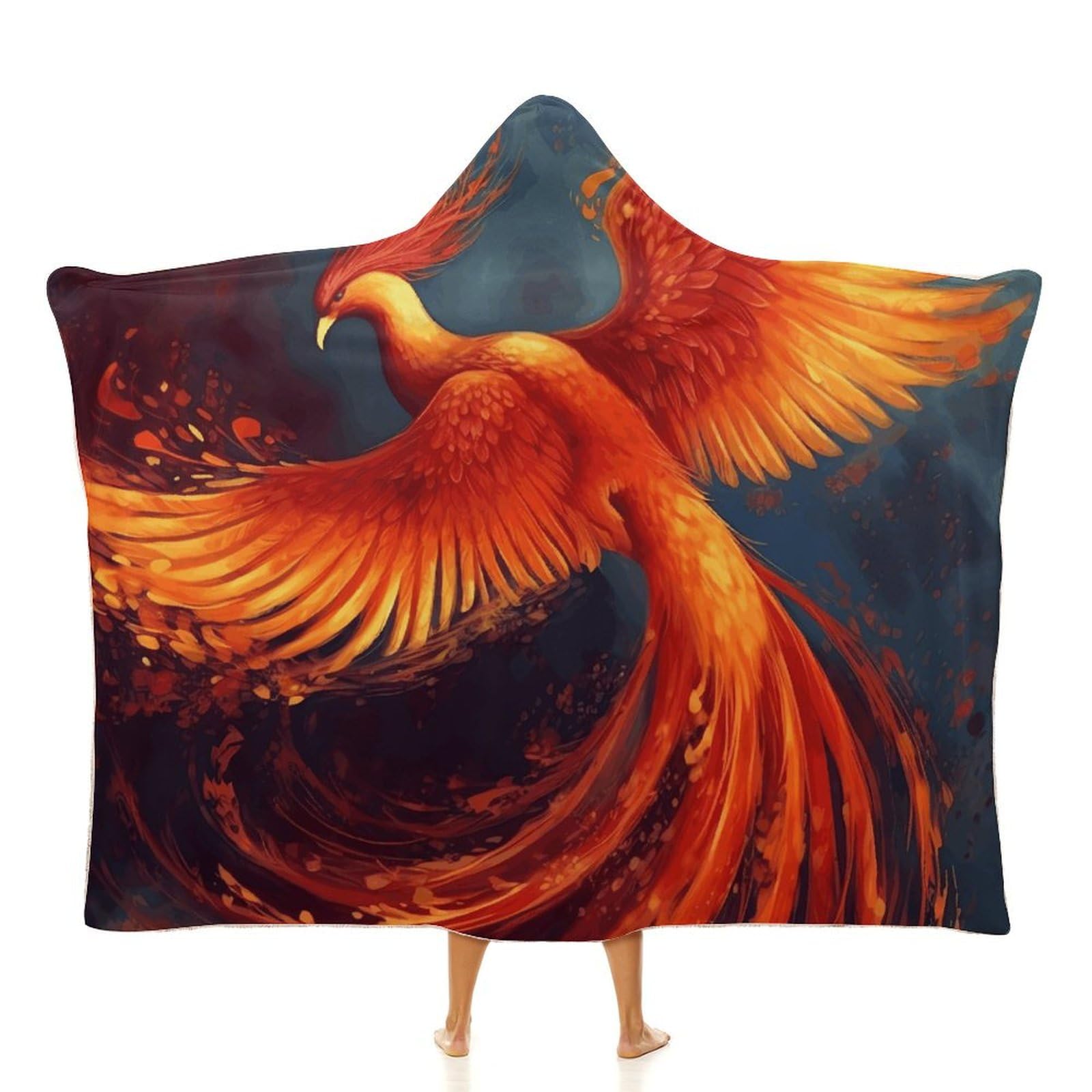 Couverture à capuche portable thermique en peluche douce motif phénix blanc et rouge