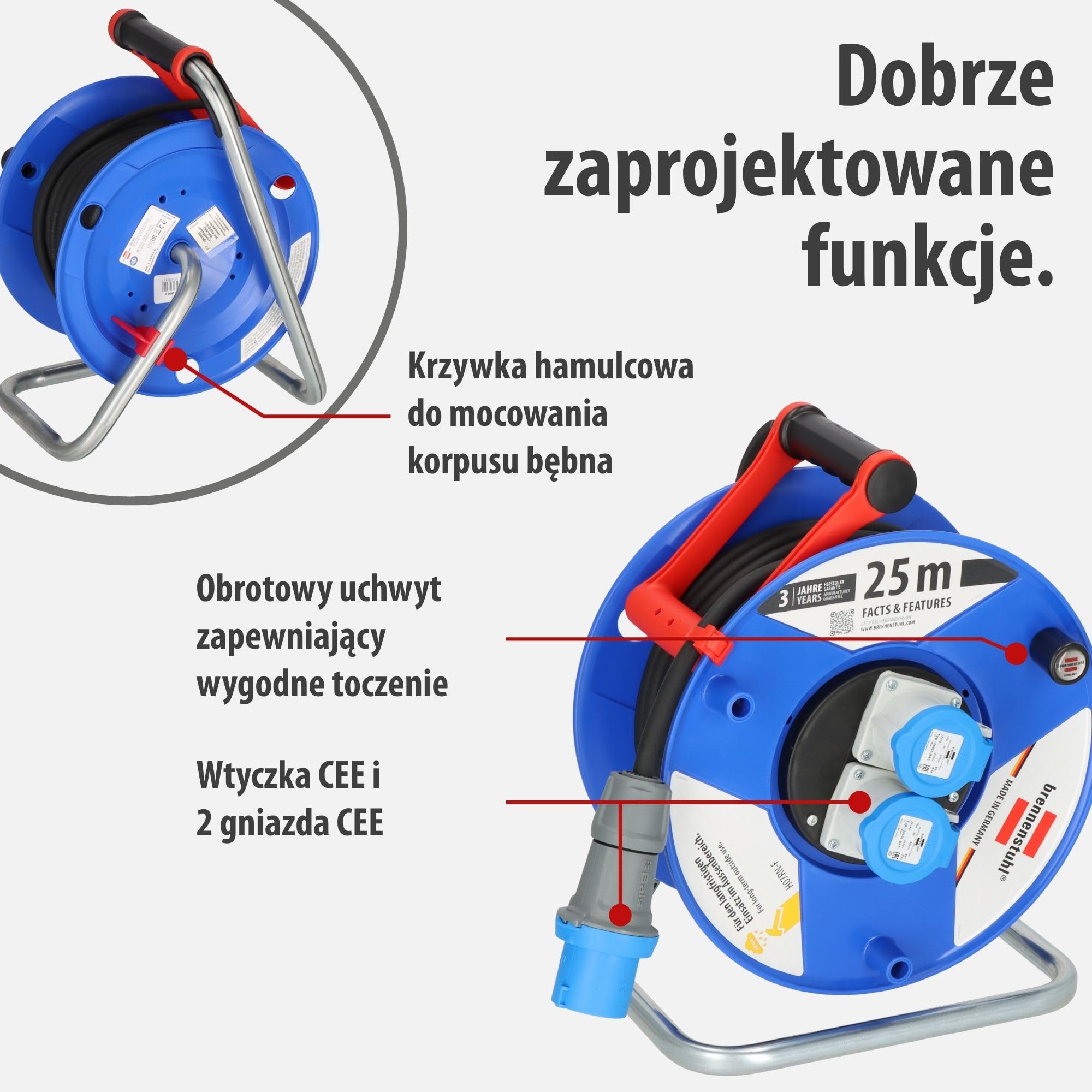 Brennenstuhl Bęben kablowy przemysłowy/budowlany Garant CEE 2 IP44 25 m (czarny kabel H07RN-F 3G2,5, bęben z 2 gniazdami CEE, do stałego użytku na zewnątrz IP44, Made in Germany) niebieski