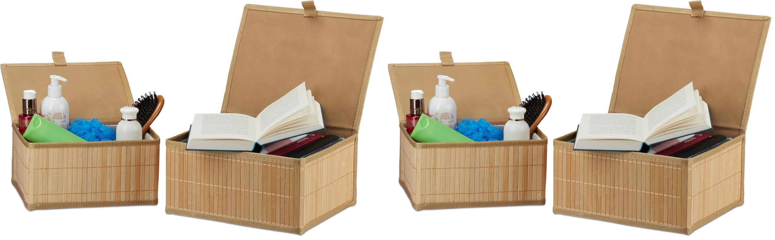 Relaxdays Aufbewahrungskorb, 2er Set, 2 Größen, mit Deckel, Bad, Kinderzimmer, Bambus & Stoff, Aufbewahrungsbox, Natur (Packung mit 2)