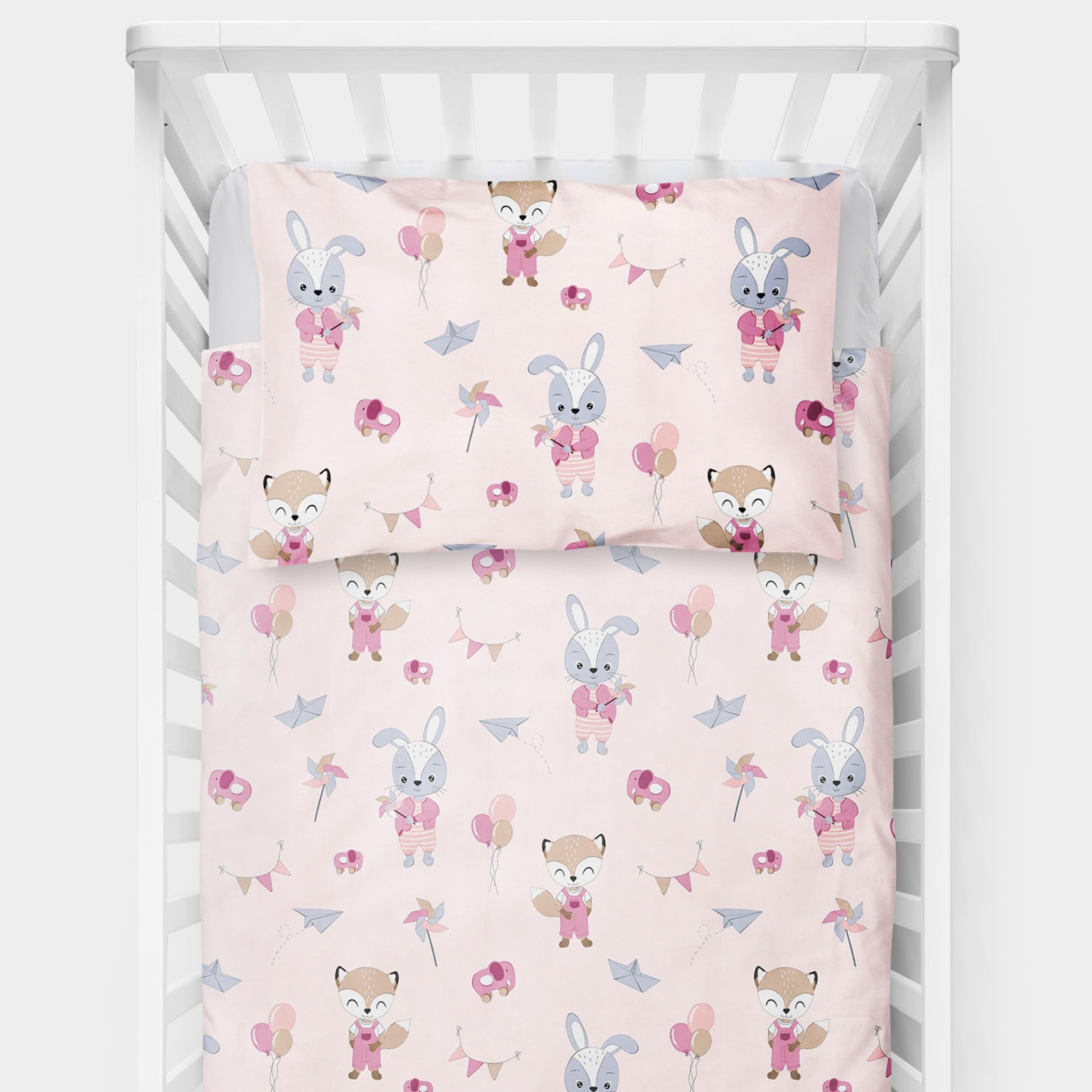 Baby Comfort 4 Piece Toddler Kids Cot Bed Set 120x90 cm Duvet Pillow Duvet Cover Pillowcase 12M+ (Foxes and rabbits)