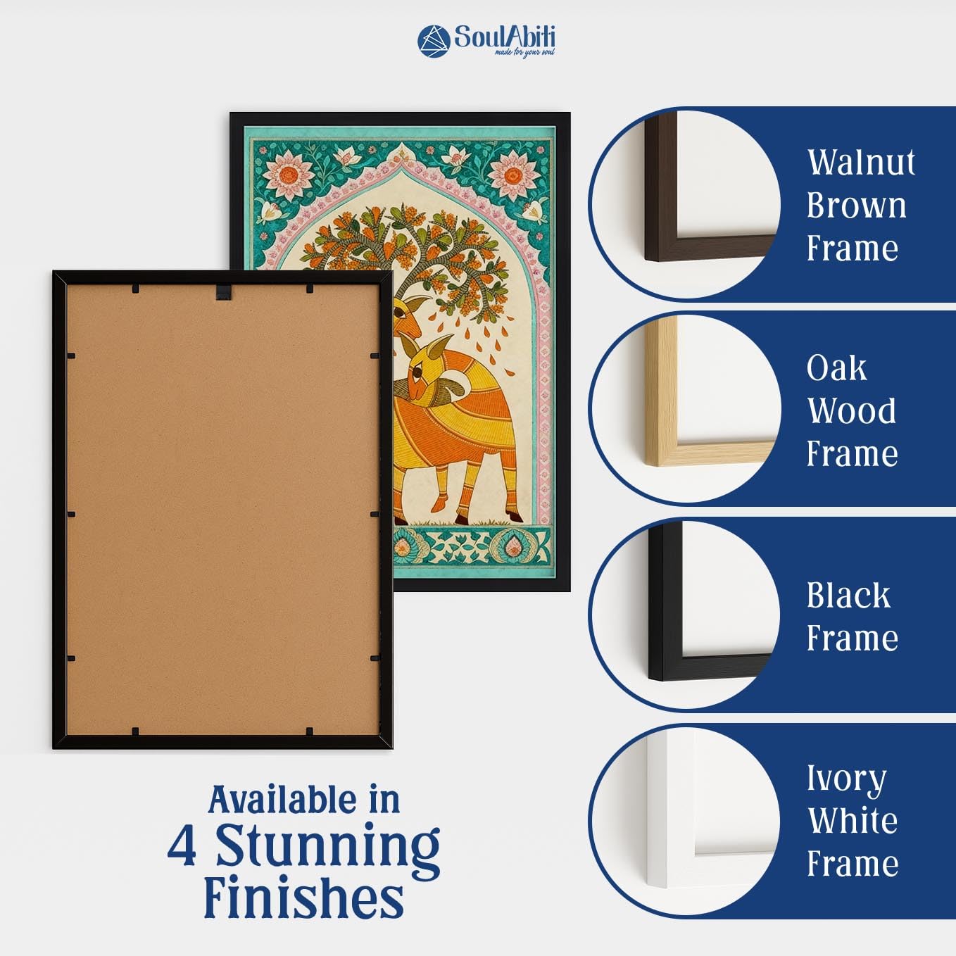 SoulAbiti Cow Deer Tree Peacock Nature Harmony Framed Wall Paintings Set of 4 Traditional Indian Folk Madhubani Art for Wall Decor Ethnic Decoration for Living Room, Bedroom & Home A4 Size 10x13 Inch Light Brown Frame Plexi Glass 4
