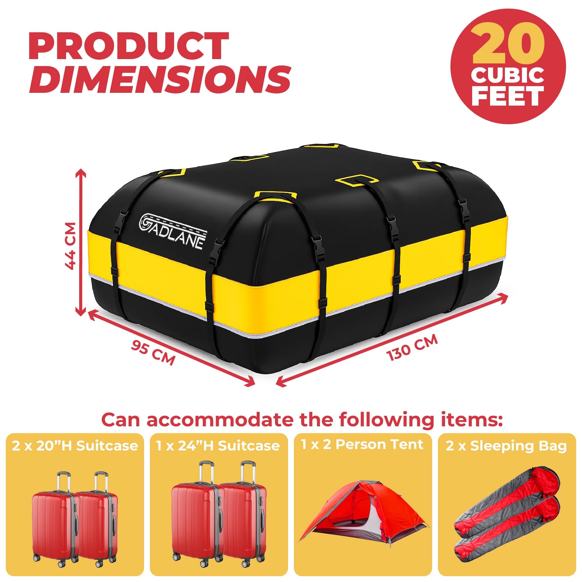 GADLANE Bolsa de Techo para Coche - 550L Cofre de Techo Impermeable para Coches con o sin Portaequipajes, Alfombrilla Antideslizante, 6 Correas Resistentes, Cerradura de Combinación (Amarillo)