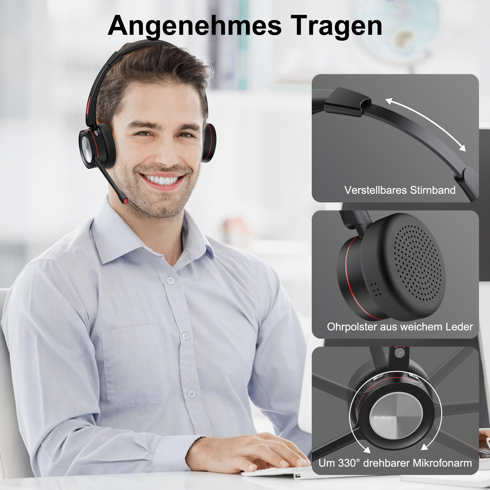 Cuffie Bluetooth con microfono per PC, cuffie wireless con adattatore USB e stazione di ricarica, 40 ore di conversazione, cuffie wireless per ufficio, lavoro, laptop, cellulare, Microsoft