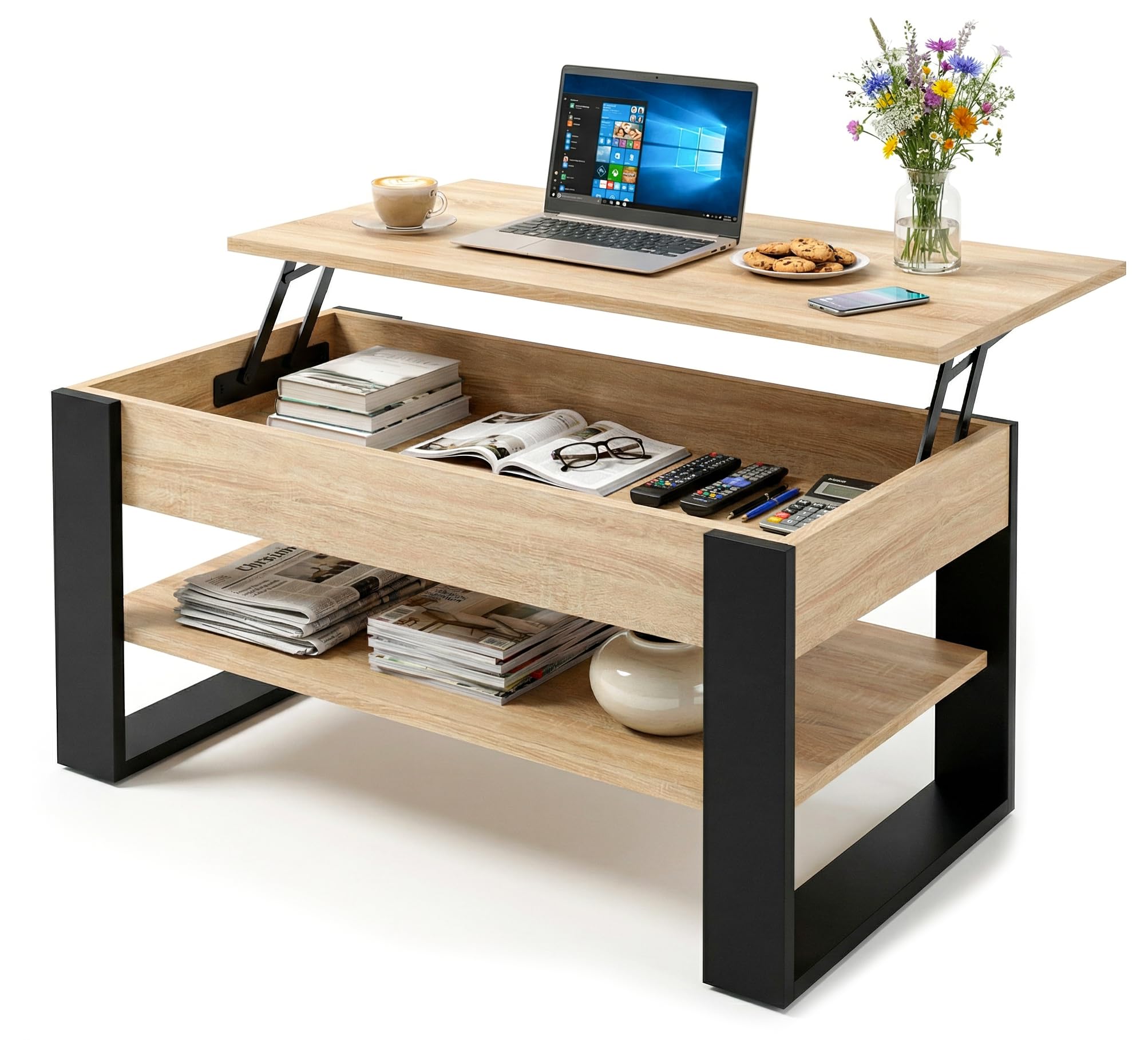 möbelkap Couchtisch mit anhebbarer Platte | Höhenverstellbarer Wohnzimmertisch mit Stauraum | modern mit Ablage & verstecktem Fach – Coffee Table für Wohnzimmer & Büro