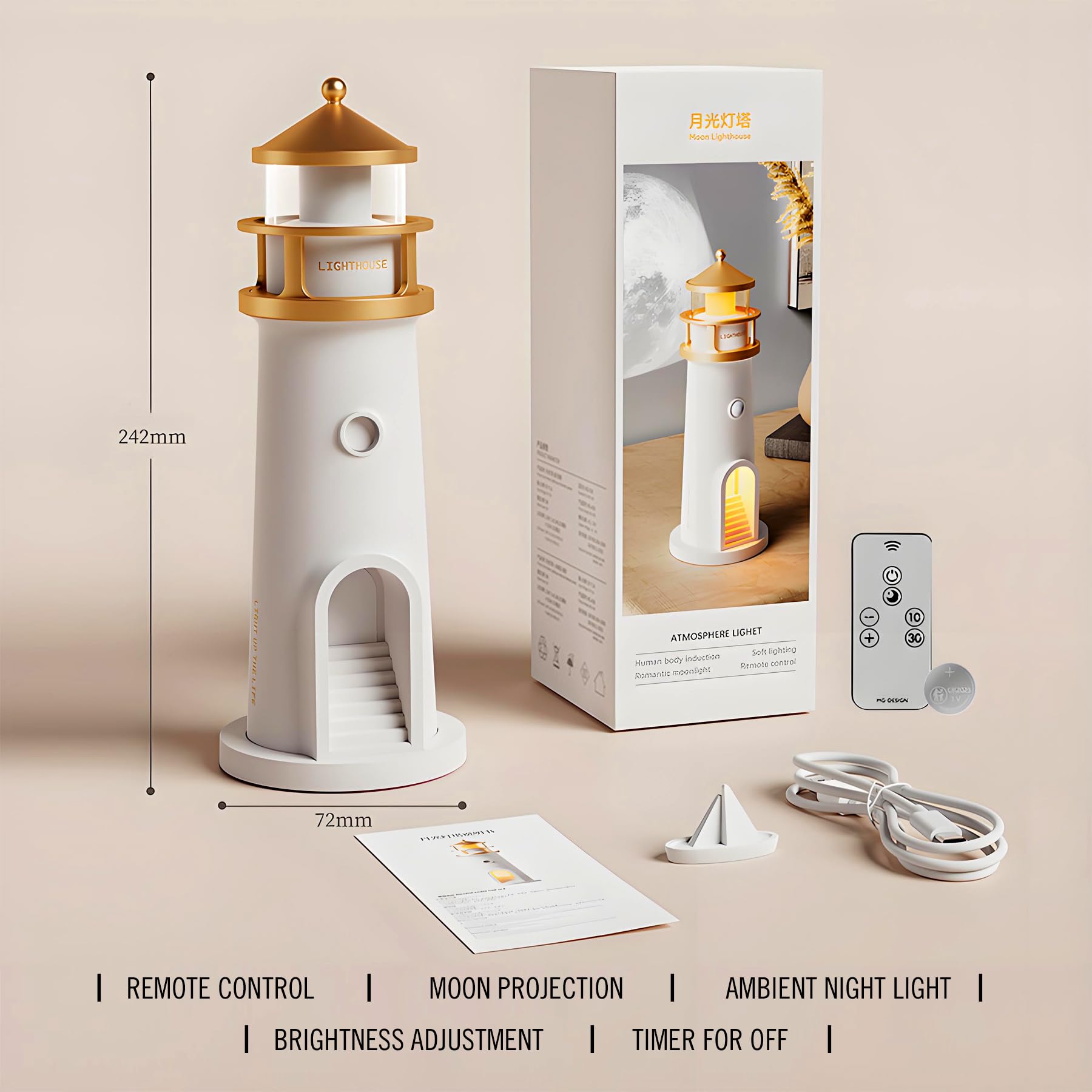Lampada faro con proiezione lunare, batteria integrata da 2400 mAh, ricaricabile tramite USB, telecomando, lampada da comodino a LED, luce notturna senza fili, decorazione per la stanza per adulti e