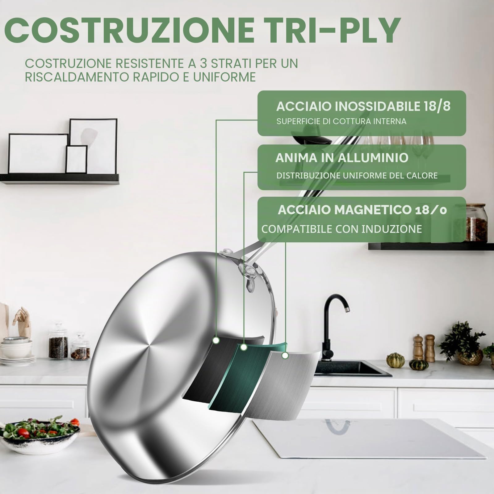 Set di pentole e padelle in acciaio inox a 3 strati - Set di pentole da 11 pezzi con coperchi in vetro - Set di pentole e padelle a induzione - Set di pentole e padelle, adatto al forno, senza PFOA