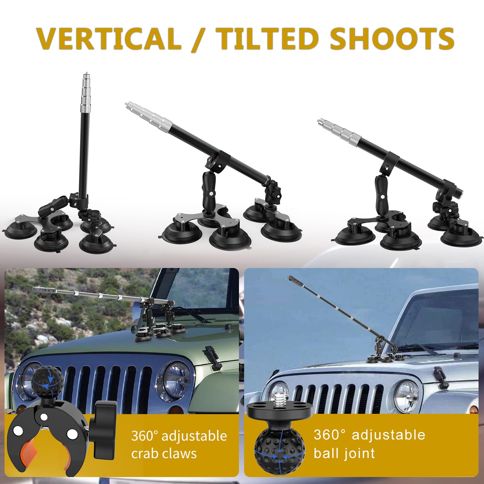UNSTINCER 5 Ventosa Auto Supporto e Morsetti per Action Cam, 360° Rotativo | met 119 cm Selfie Stick, 1/4" Vite, Camera Attacco per Gopro Insta360 DJI, Car Cruscotto Parabrezza Vetro Tetto Porta Staffa