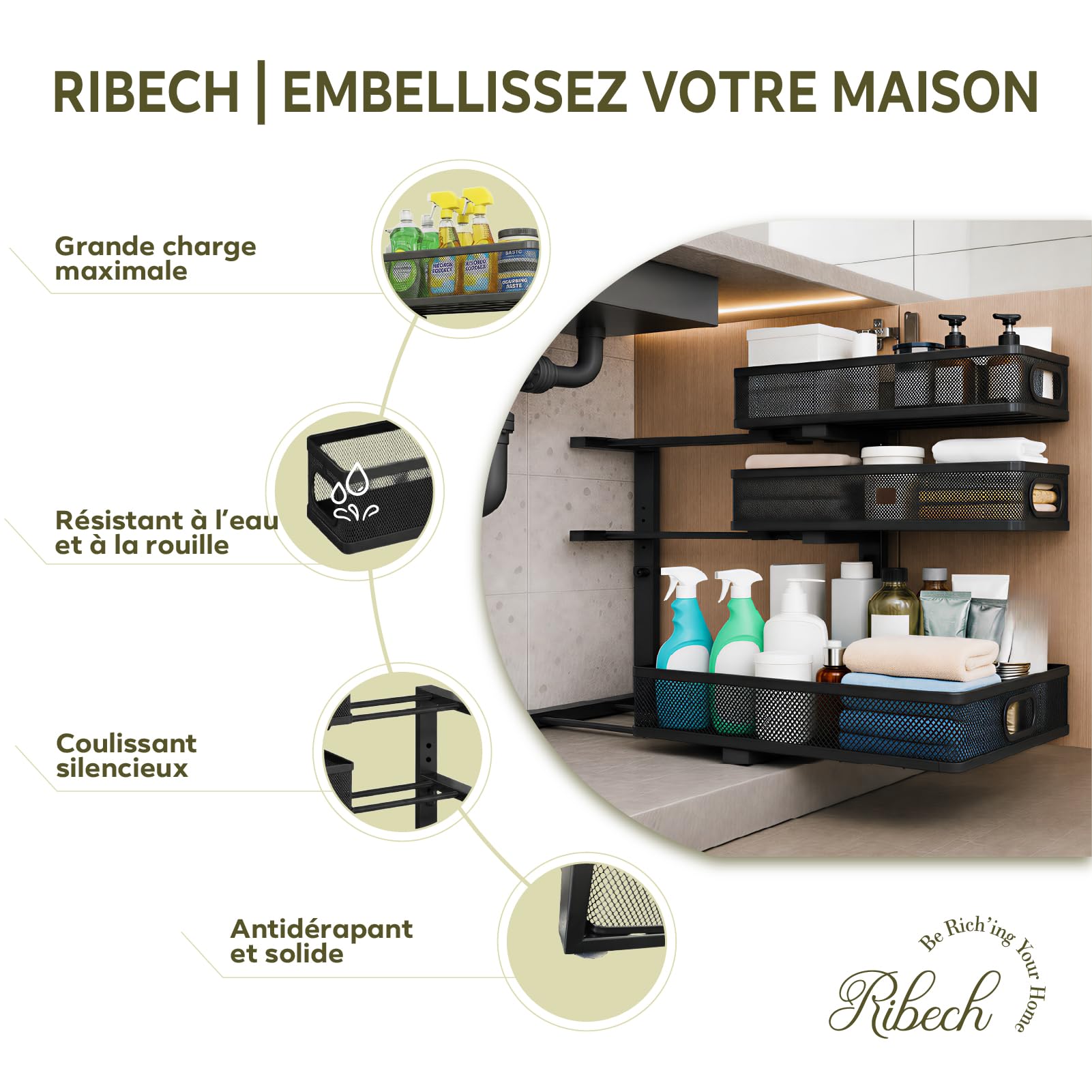 Organisateur 3 Niveaux En Acier Carbone, Réglable & Antidérapant | Tiroirs coulissants fluides, structure acier robuste, pieds stables, compartiments polyvalents, étanche et nettoyage facile