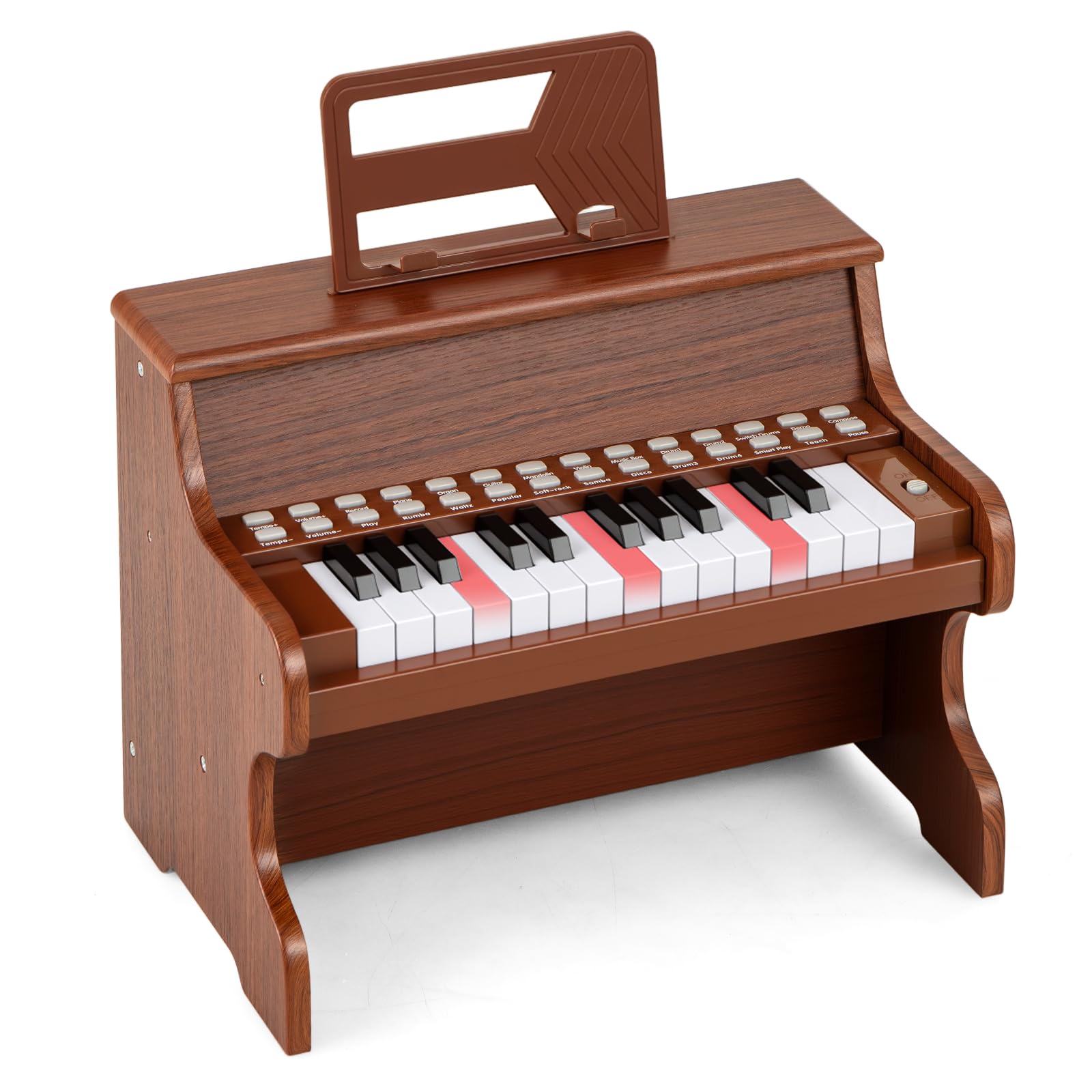 COSTWAY 25-Key Kids Piano, Wooden Toddler Toy Keyboard with Lighted Keys, Adjustable Speed & Volume, Teaching Mode, Music Stand, Educational Music Instrument for Boys Girls (Brown)
