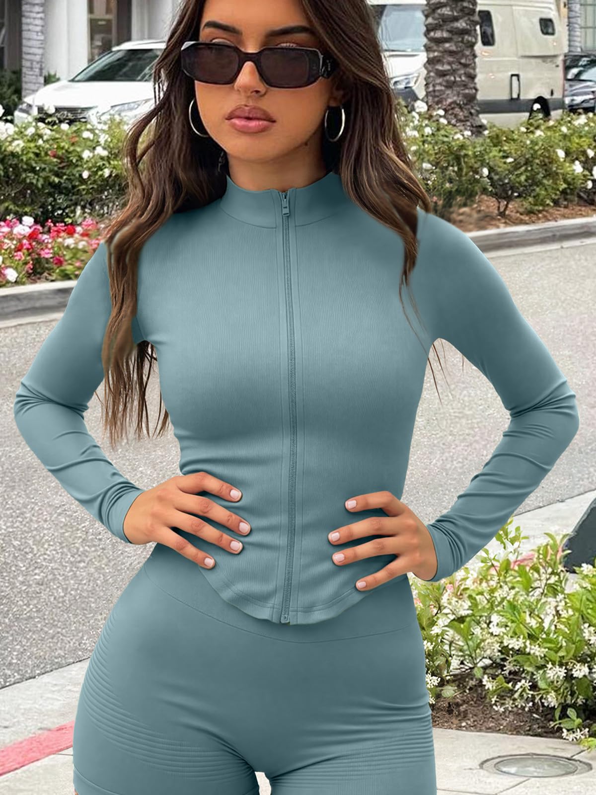 Chaqueta de entrenamiento para mujer, camiseta deportiva de manga larga con cremallera y diseño de agujero para el pulgar, ajuste delgado, atlética para gimnasio y yoga — view 16