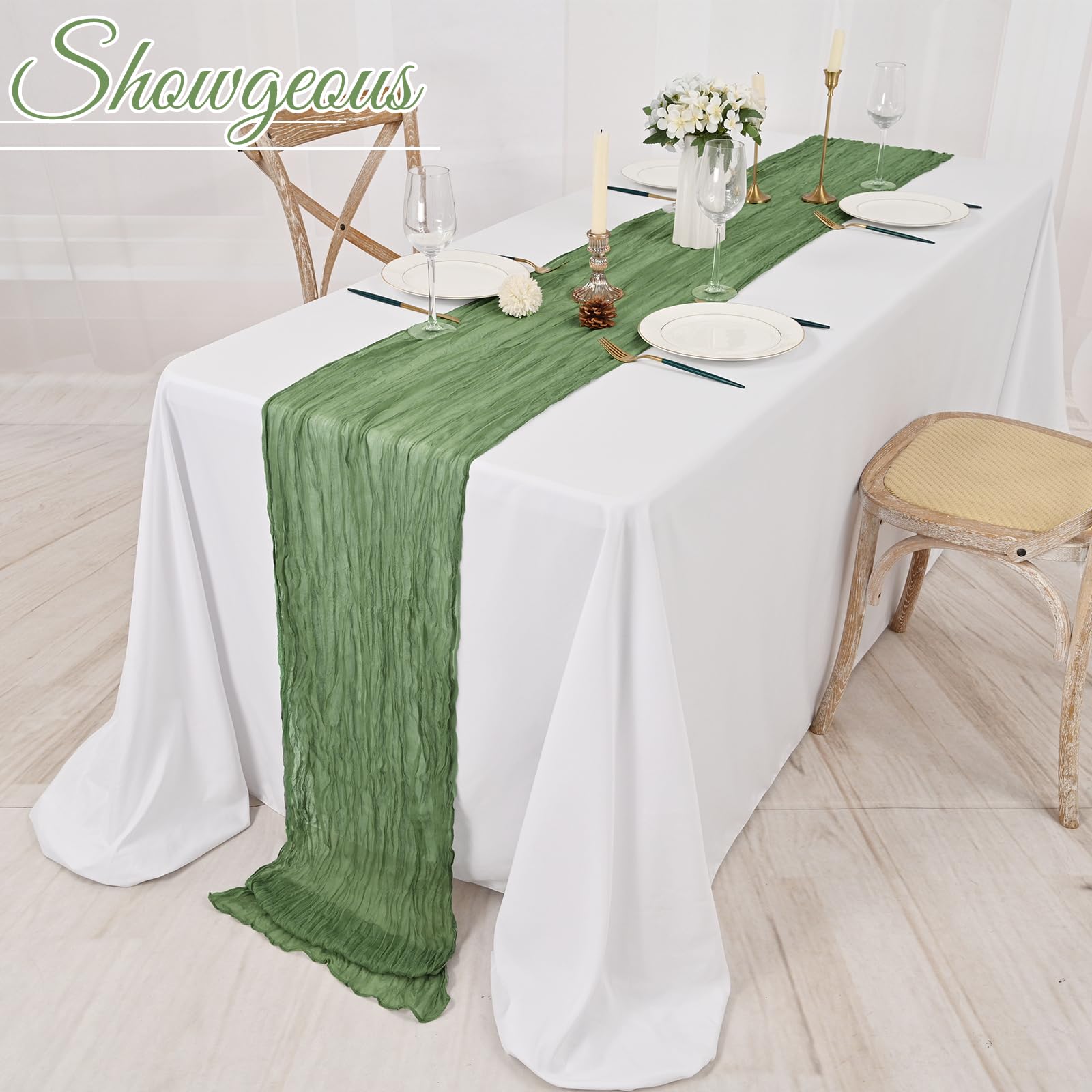 Confezione da 20 runner da tavola in garza verde salvia, 45 x 275 cm, verde salvia, stile bohémien, rustico, in garza, per formaggi, romantici, in tessuto trasparente, per matrimoni, feste, giardino