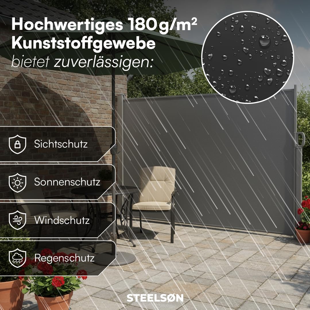 STEELSØN Zirella Seitenmarkise 200x485cm – Windschutz ausziehbar in Anthrazit – Markise wetterfest – Sichtschutz – Seitenrollo mit Wandhalterung – Sonnenschutz Blickdicht – Wandmarkise aus Aluminium