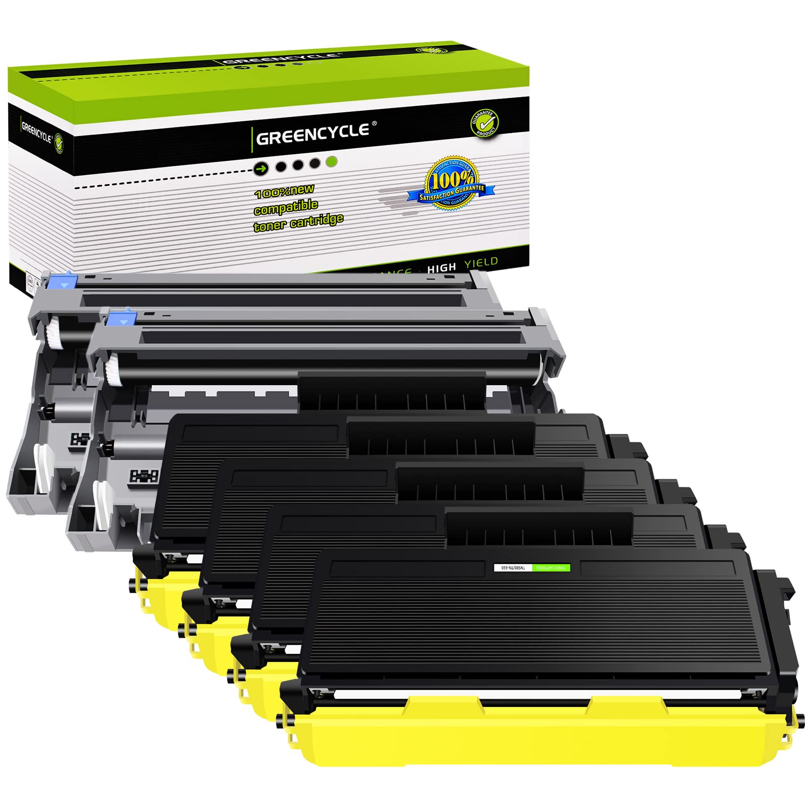 greencycle (4 Drum + 2 Toner High Yield Black Toner Cartridges & Drum Drum Unit Set Compatible for Brother TN580 TN650 DR520 use with DCP-8060 DCP-