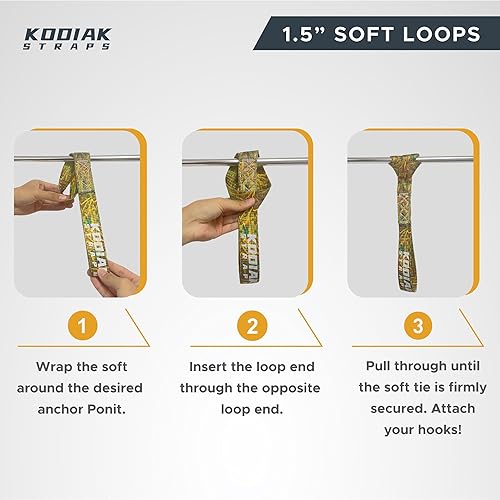 Miniatura 2 de Correas de amarre de bucle suave, 1.5 x 18 pulgadas, capacidad de carga de 10,000 libras, paquete de 6 bucles de camuflaje para asegurar ATV, UTV,