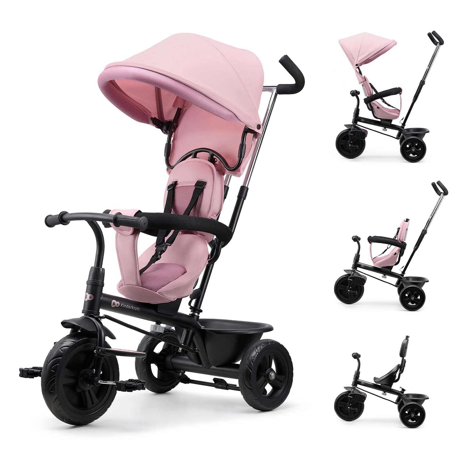 Kinderkraft FREEWAY 2, Triciclo Evolutivo per Bambini, Seduta Girevole a 360°, Pedali Liberi, Cintura a 3 Punti, Freno Centrale, 9 Mesi-5 Anni, Rosa