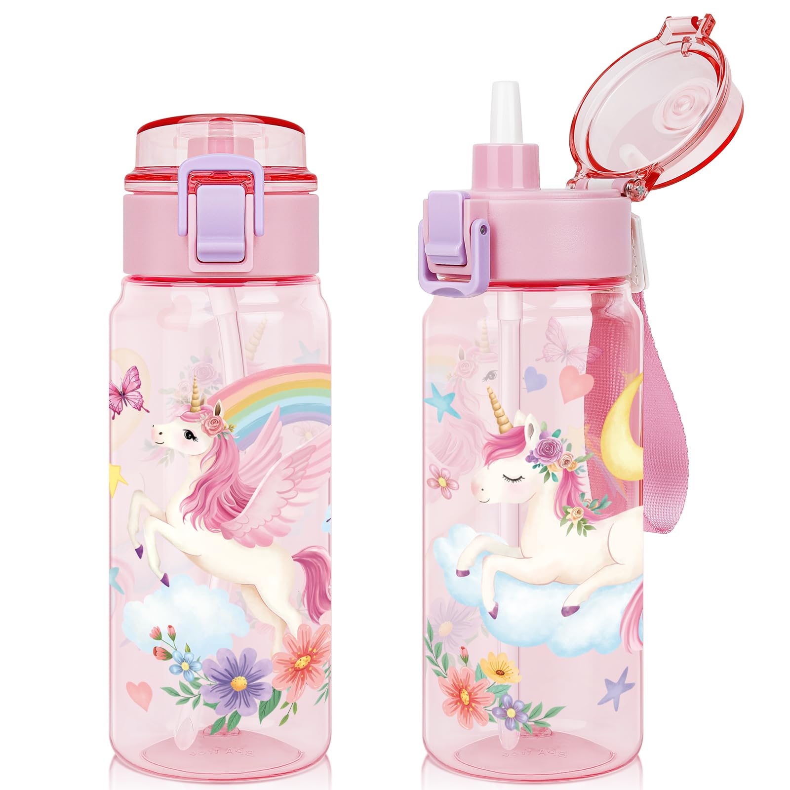 wooshwa Tritan Kids Water Bottle for School, 550ml Leakproof 2-in-1 Toddler Water Bottle with a Pop-up Detachbale Straw, Dishwasher Safe (Unicorn)