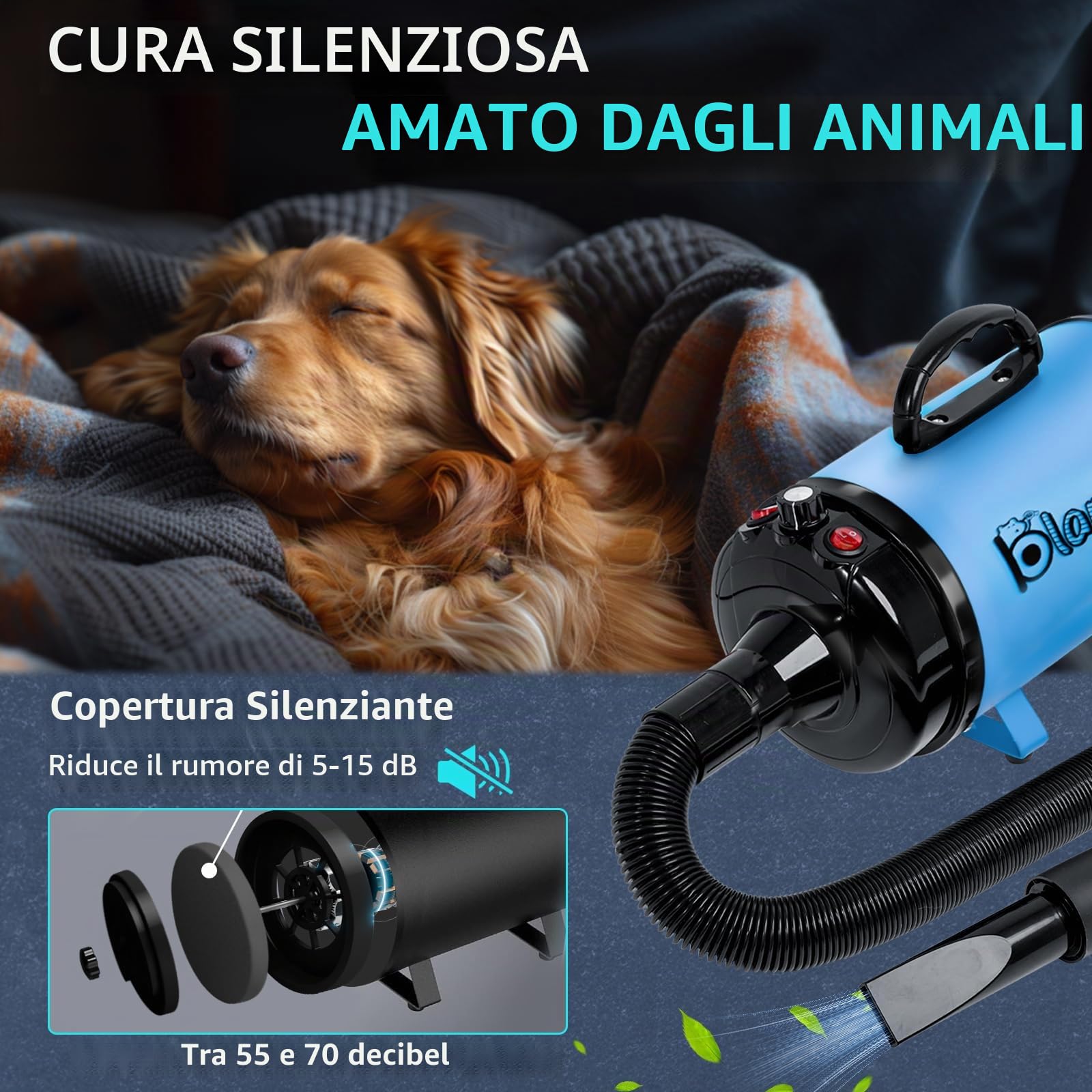 Soffiatore per Cani Blower Molto Silenzioso, 5,2 CV/3800 W, Velocità Regolabile, Ventilatore per la Cura Del Cane con 4 Diversi Ugelli, Tubo Elastico