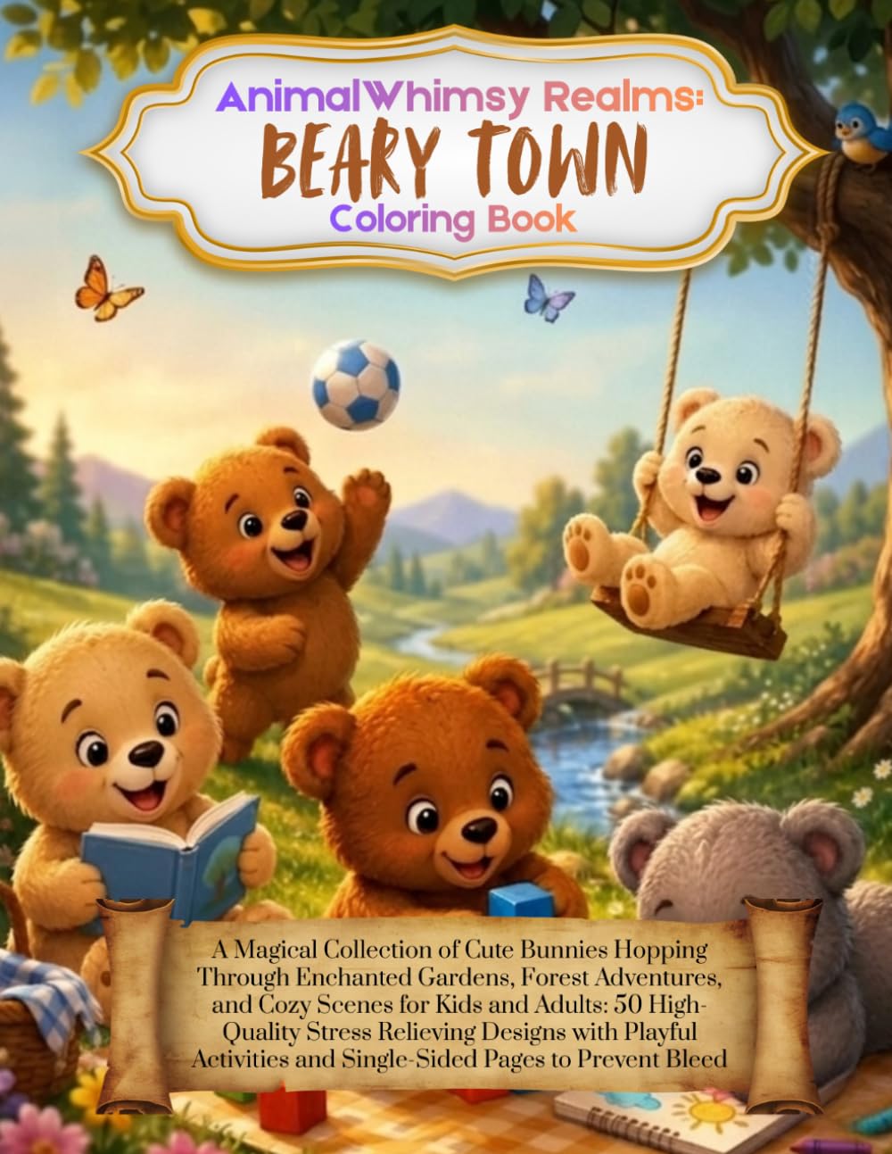 WildWhimsy Realms: Beary Town: A Magical Collection of Cute Bunnies Hopping Through Enchanted Gardens, Forest Adventures, and Cozy Scenes for Kids and ... Relieving Designs with Playful Activities