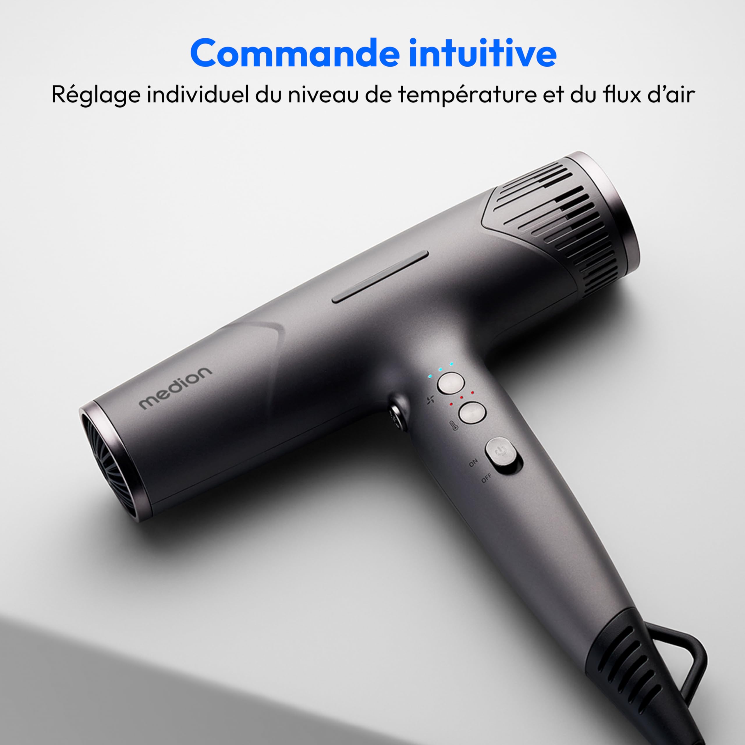 MEDION HD2 Sèche-cheveux (technologie ionique, 1 500 watts, embouts polyvalents Diffuseur & Buse de styling, moteur BLDC longue durée, fonction autonettoyante, long cordon d'alimentation) gris