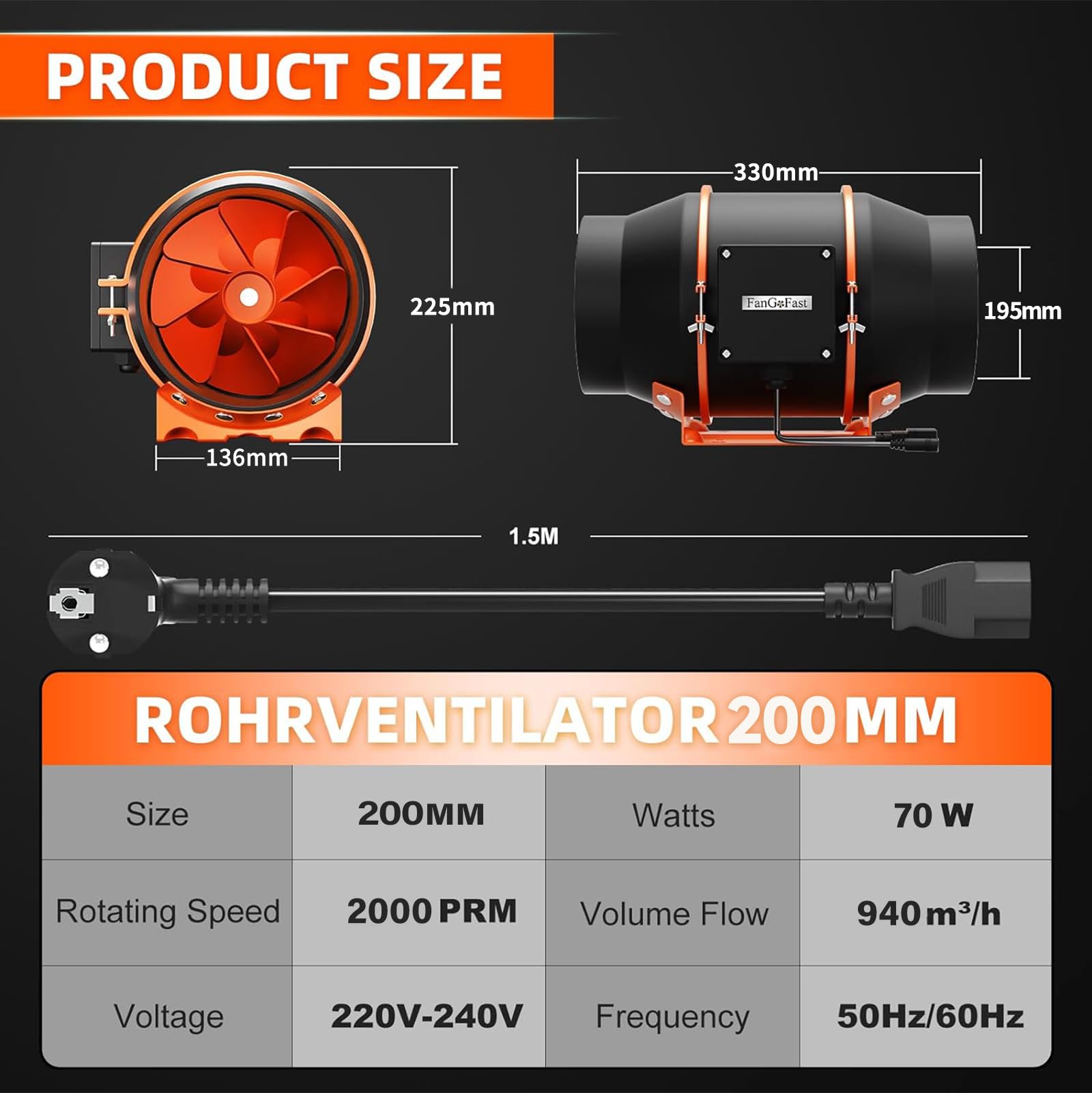 FanGoFast Ventilatore tubolare da 200 mm con controllo variabile della velocità, scarico del fumo, ventilatore ideale con presa IEC per ventilazione e ventola di scarico