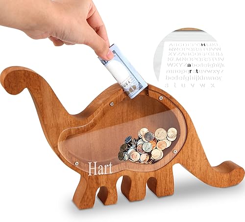 Miniatura 1 de Alcancía de dinosaurio para niños y niñas caja de dinero de dinosaurio caja transparente de ahorro de dinero con nombre de texto dinosaurio regalo