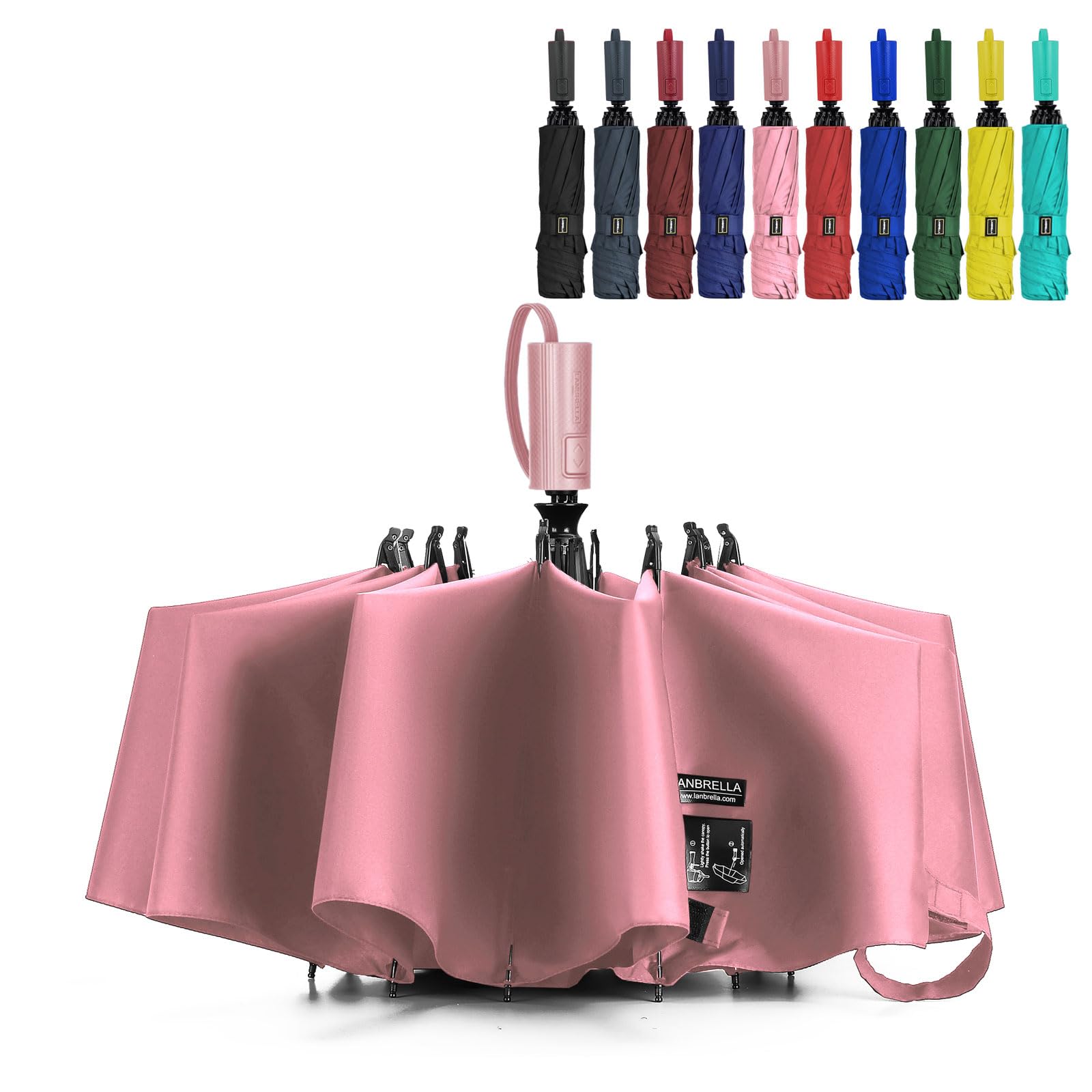 LANBRELLACompact Reverse Folding Umbrella Auto Windproof Travel Umbrella