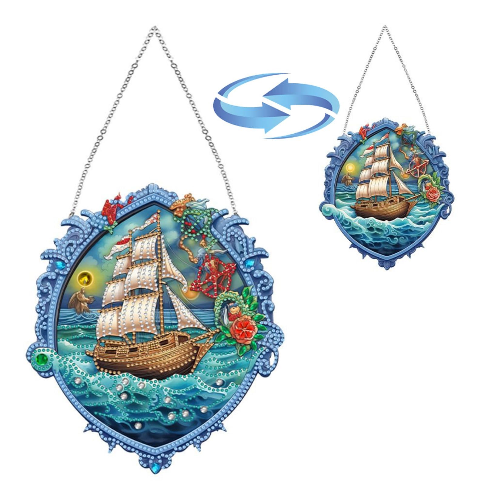Lebartm DIY Diamond Pendant Ornament Special Shaped Crystal Diamond Art Painting Hanging Double Sided Pattern Single Sided Diamond for Home Garden Wall Door Decor-Sailboat03