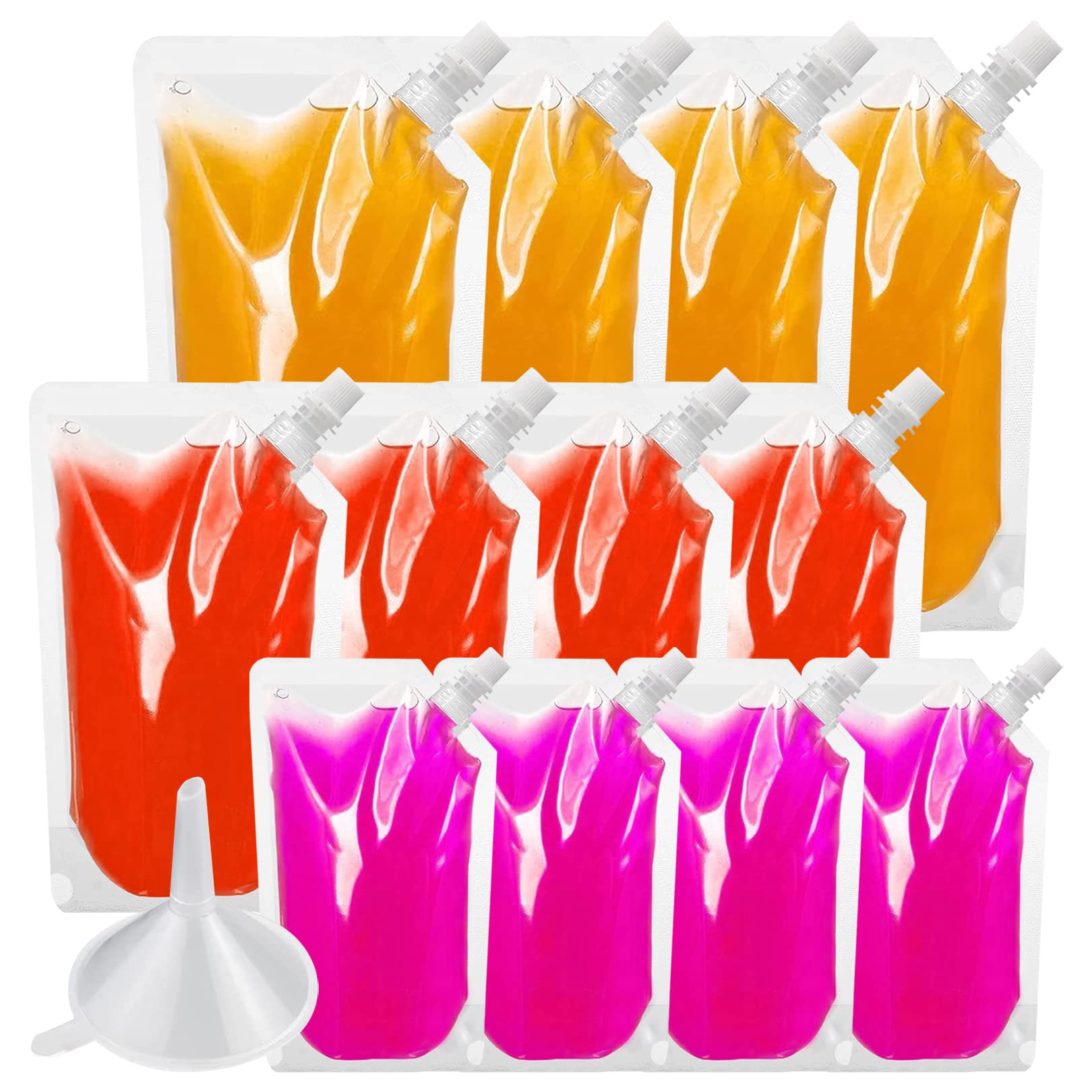 12pcs Plastic Drink Pouches,Reusable Drinks Flasks Leak Proof Alcohol Liquor Juice Plastic Pouches Bags with Spouts&Funnel for Festivals Travel Picnic Camping Party Beverage Drinks,300ml,420ml,500ml