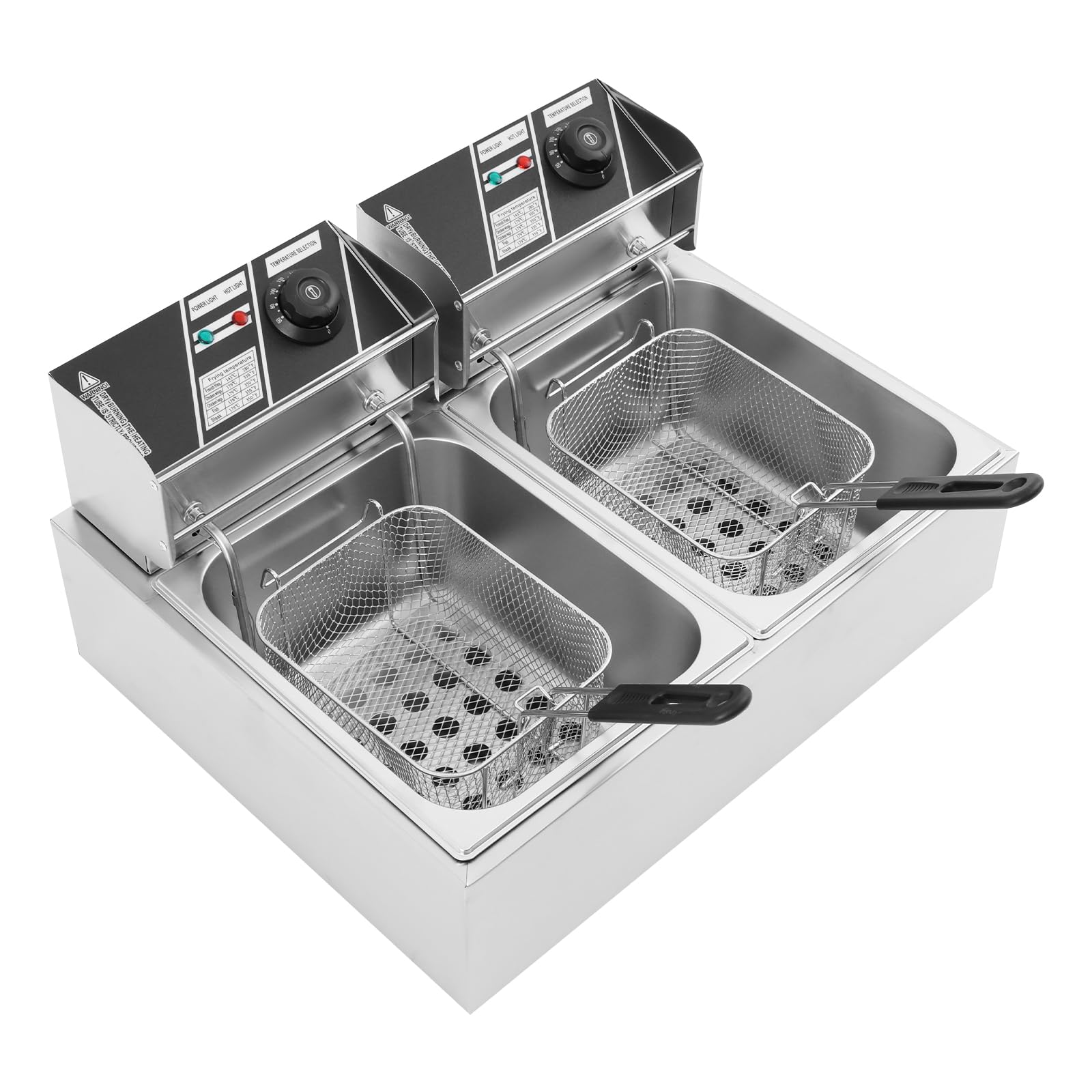 Friggitrice con cestello, 2500 W, doppia friggitrice elettrica con 2 piccoli piani di lavoro in acciaio inox ispessito, olio 2 x 6 l, friggitrice con contenitore in acciaio inox rimovibile