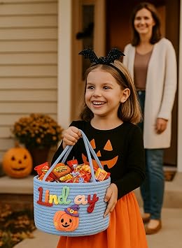 MBBEST Personalized Halloween Basket with Name Custom Double Rope Handle Cotton Candy Tote, Trick-or-Treating Bucket, Halloween Gifts Basket for Kids & Adults