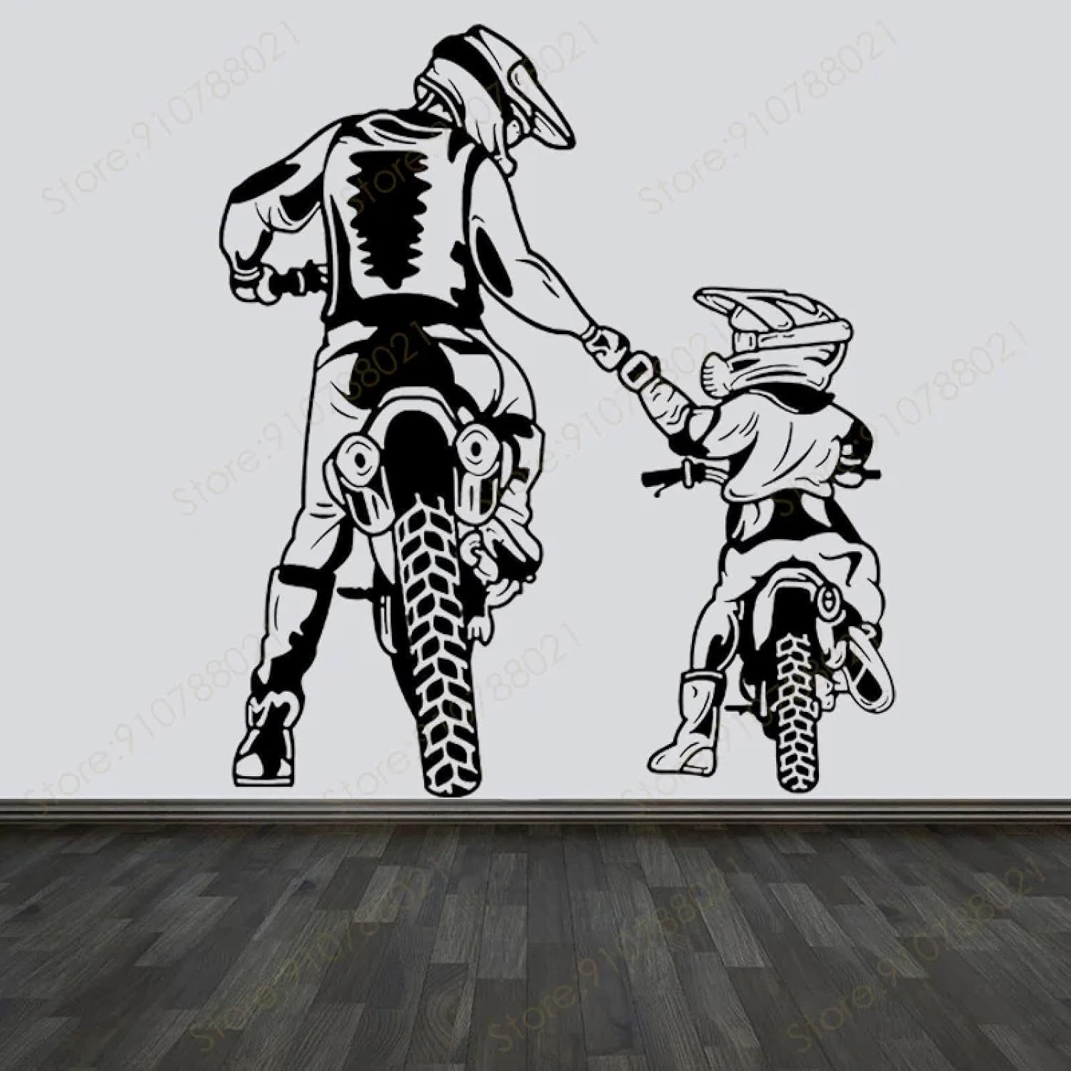Vinilo de motocross para pared silueta de padre e hijo en color negro de 42x47 cm