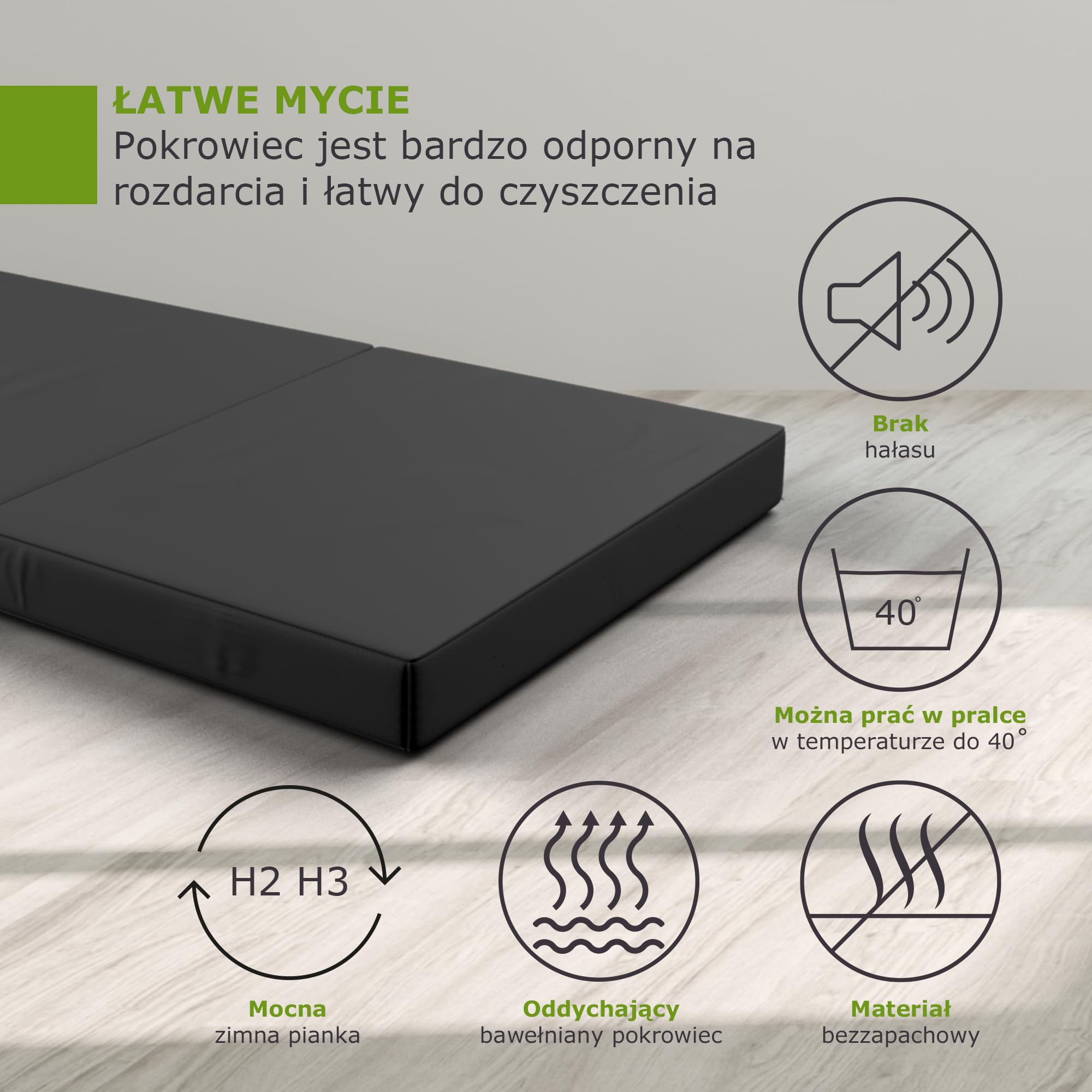 Składany materac 90 x 200 x 12 cm Shogazi® TRAVEL, materac dla gości, 3-częściowy, kostka rehabilitacyjna, wysokiej jakości zimna pianka, bawełniana poszewka nadaje się do prania, wykonano w Niemczech, antracytowa