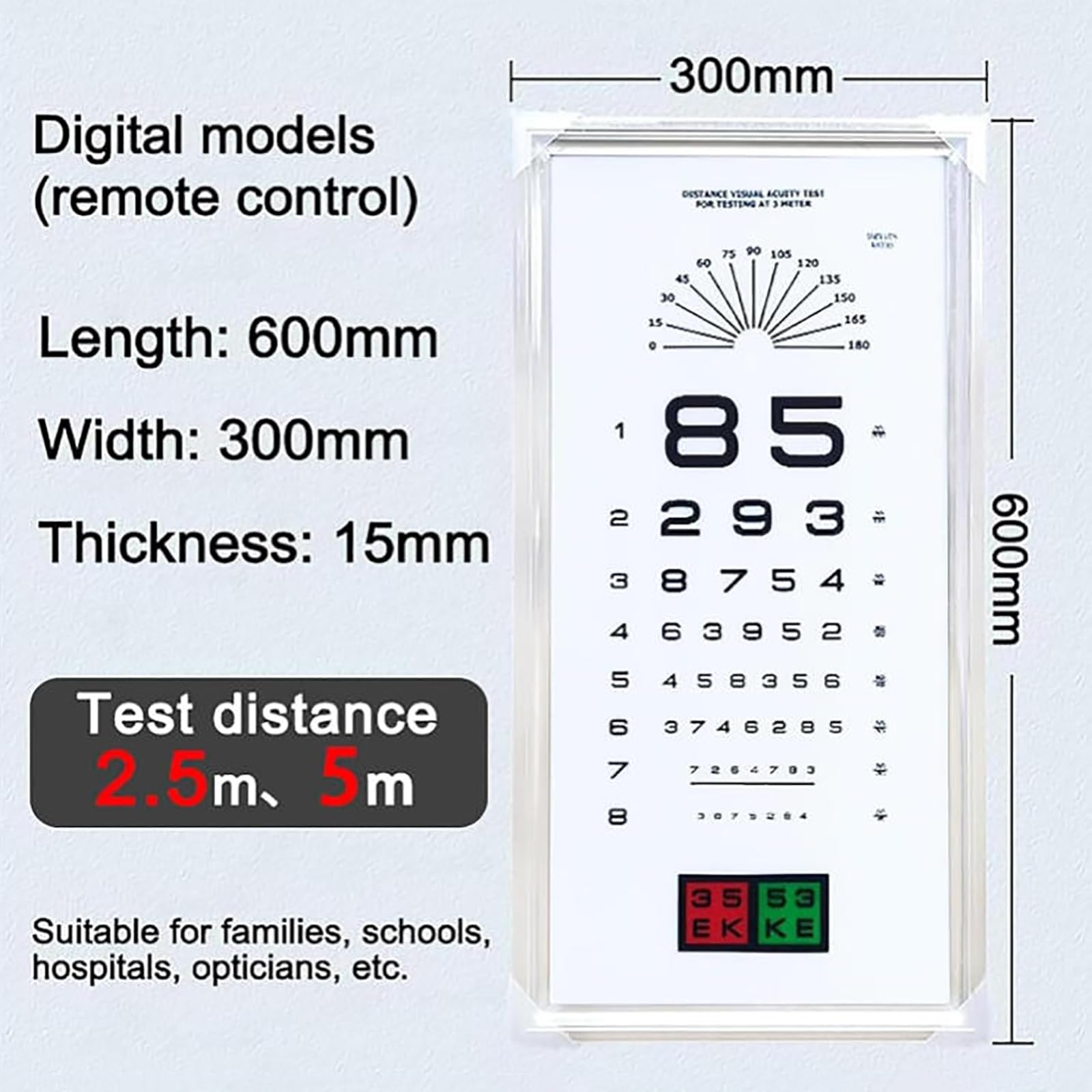 MObyat Tableau d'acuité visuelle LED avec éclairage et télécommande, marquage Rouge/Vert, Mesure de Distance 2,5/5 m, équipement d'optométrie pour Optique et hôpital