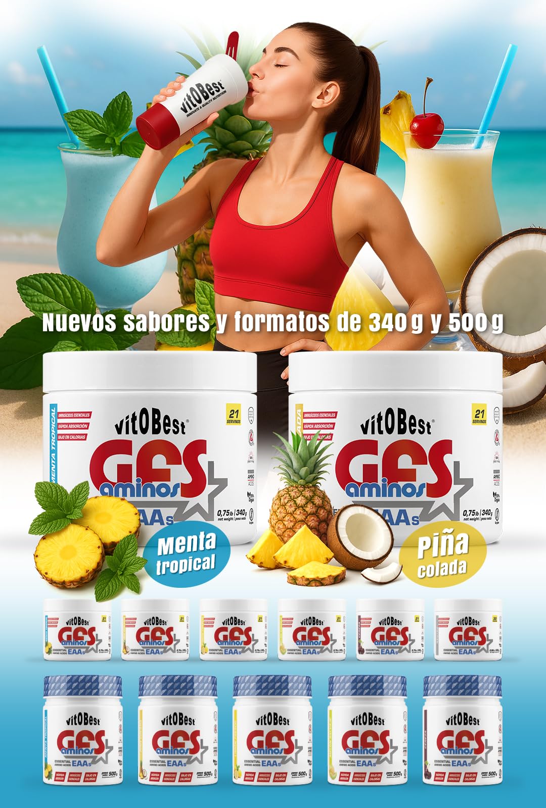 VITOBEST | GFS Aminos en Polvo | Contribuye a acelerar la síntesis proteica corporal | Apto para personas celíacas | Sabor Melón - 500 g