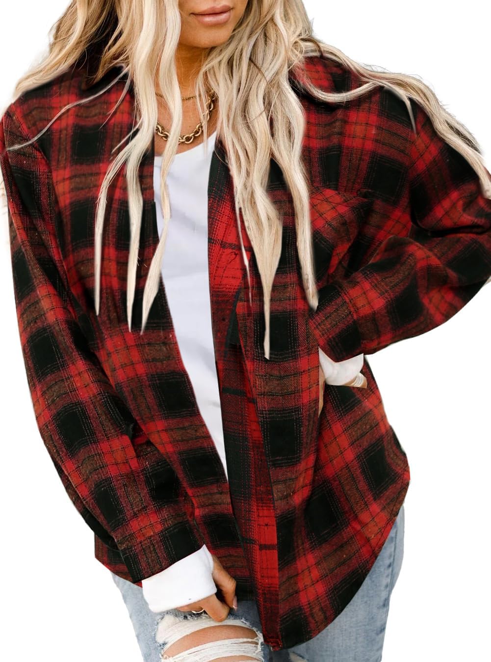 Asiertiy Womens Buffalo Plaid Flannel Shirt Long Sleeve Collar Button Down Blouses Lightweight Tops (XS-4XL)