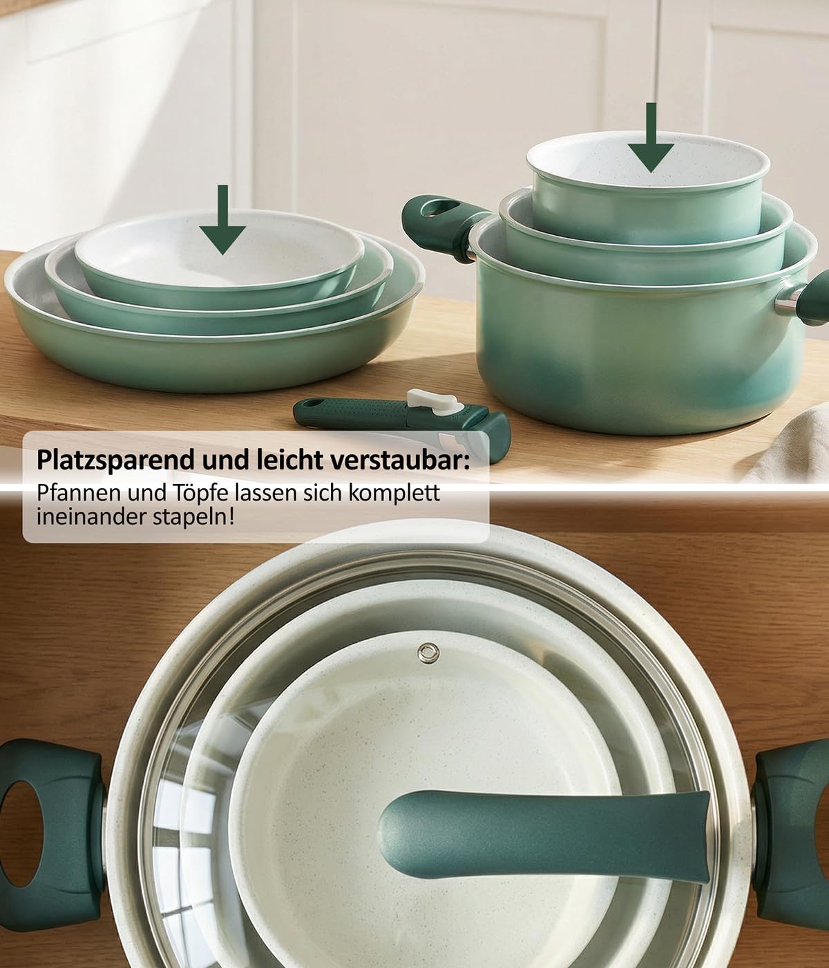 Genius Cerafit Revolution Vario Pfannenset Kochgeschirr Set 27-tlg., Keramikbeschichtung, abnehmbare Griffe, Topfsets, Induktion geeignet, backofenfest bis 250 °C, PFAS-frei