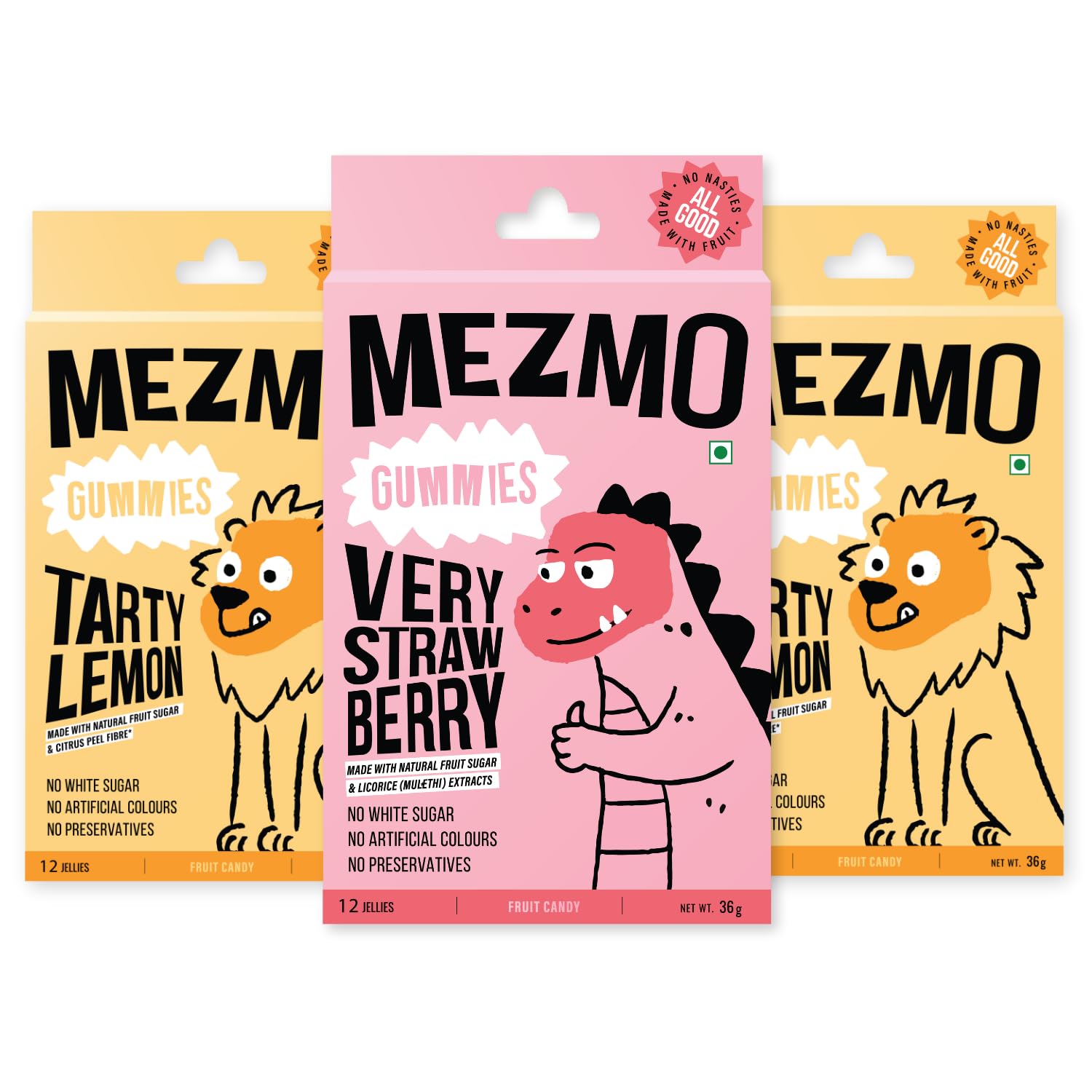 MEZMO soft jelly healthy n yummy candy with natural fruit sugar 120gms 36 jellies (Pack of 3) - Very Strawberry & Tarty Lemon