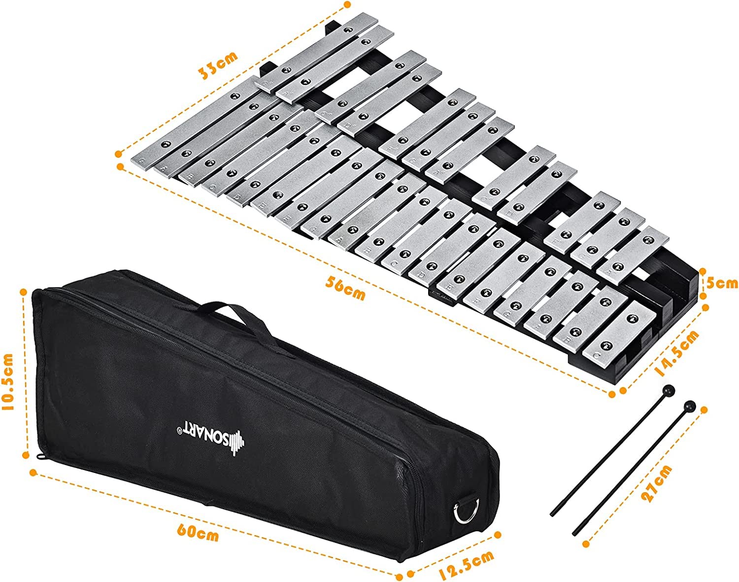 RELAX4LIFE Xilofono con 30 Note in Alluminio e Legno,Portatile e Pieghevole, Educativo con Base in Legno, Mazzuole e Borsa,per Principianti della Musica, 56 x 33 x 5 cm