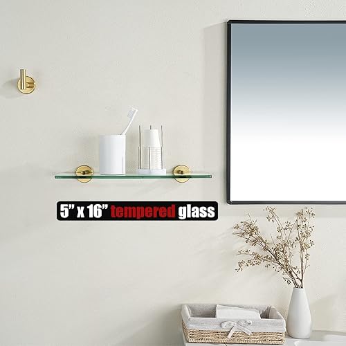 Miniatura 2 de JQK Estante de vidrio para baño dorado, almacenamiento de ducha de vidrio templado de 16 x 5 pulgadas, soporte de pared dorado cepillado de acero