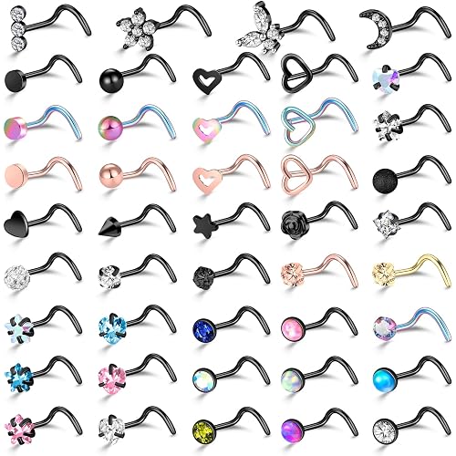 ONESING 36-44 Pcs 18G 20G Nose Rings Studs Nose Rings for Women Nose Piercings Jewelry Surgical Stainless Steel Nose Studs Moon Star Heart Butterfly Hypoallergenic Body Piercing Jewelry for Women Men