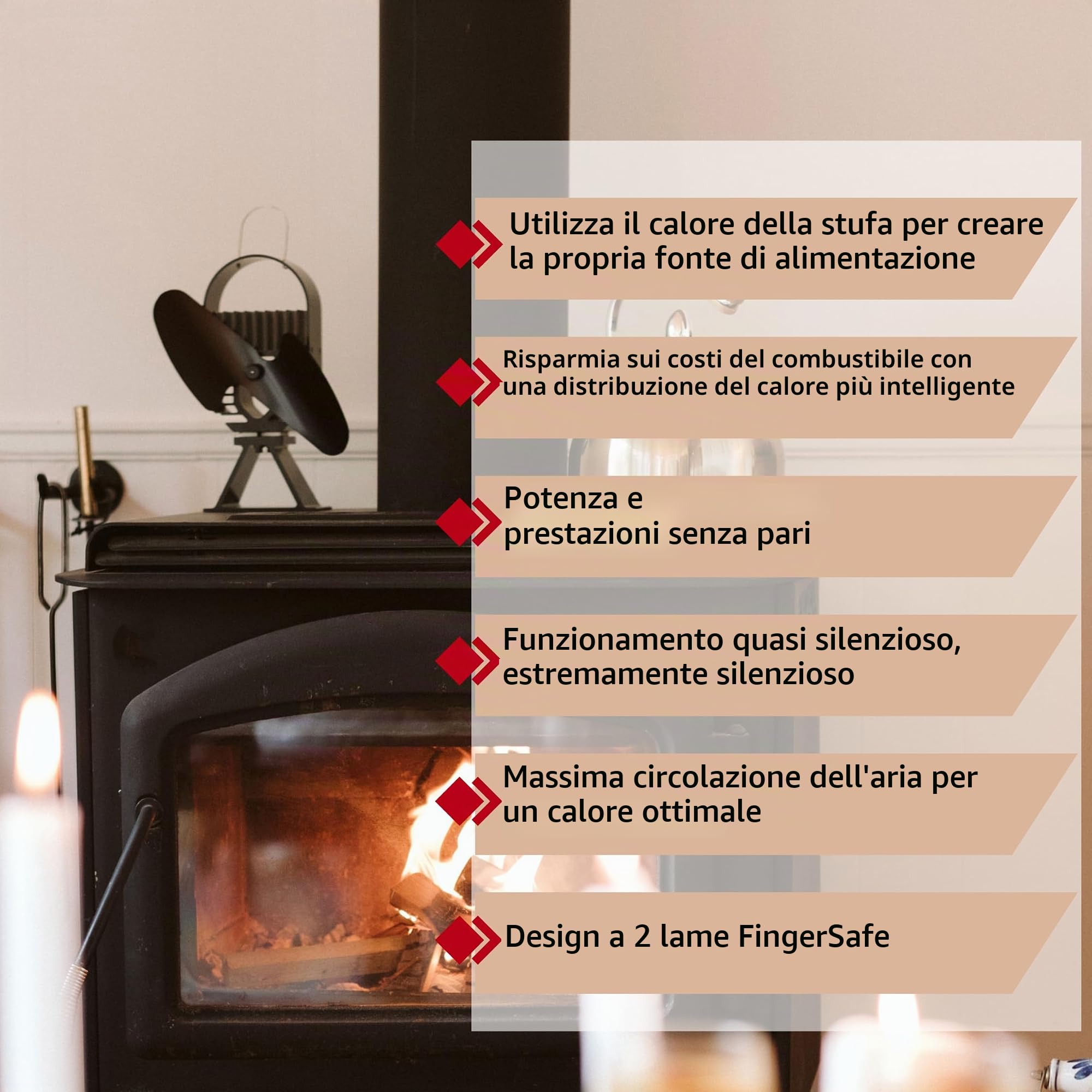 Ecofan AirDeco II, ventola per stufa a legna in stile contemporaneo, alimentata a calore, 322 m3/h, lama in nero da 20,30 cm (8")