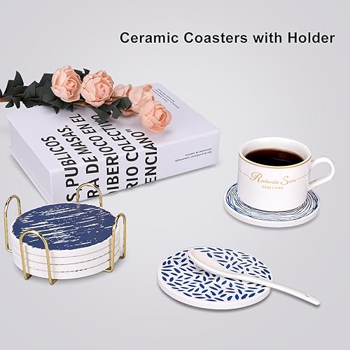 Miniatura 6 de Juego de 6 posavasos absorbentes redondos de cerámica para bebidas, posavasos bohemios azules modernos con soporte para decoración de mesa auxiliar,