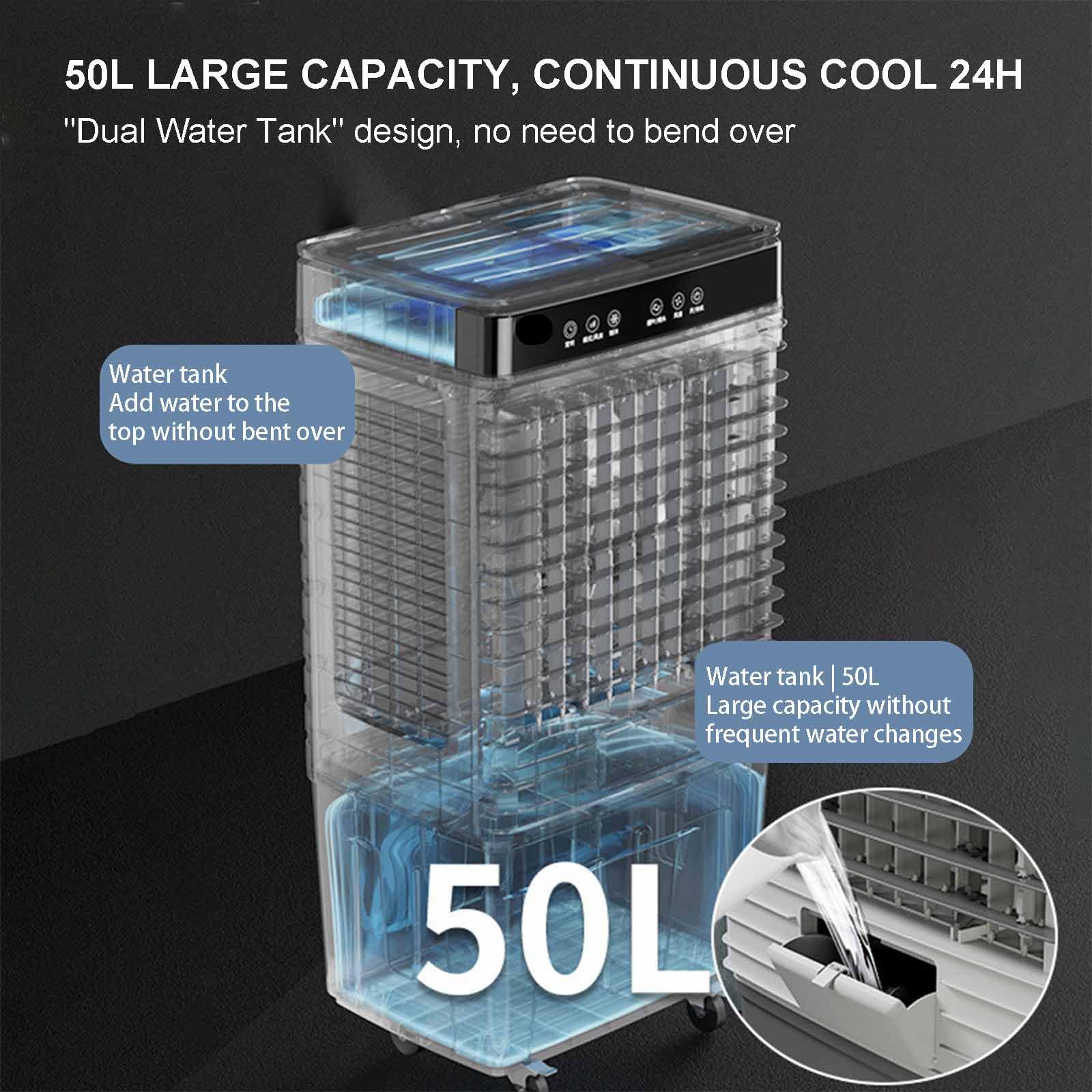 Raffrescatore d'Aria Portatile con Serbatoio dell'Acqua da 50 Litri, Raffreddamento Ad Evaporazione Ad Alta Potenza, Raffredda 60 M², 3 velocità, Bassa Rumorosità, 4 Ruo,Remote Control MOD