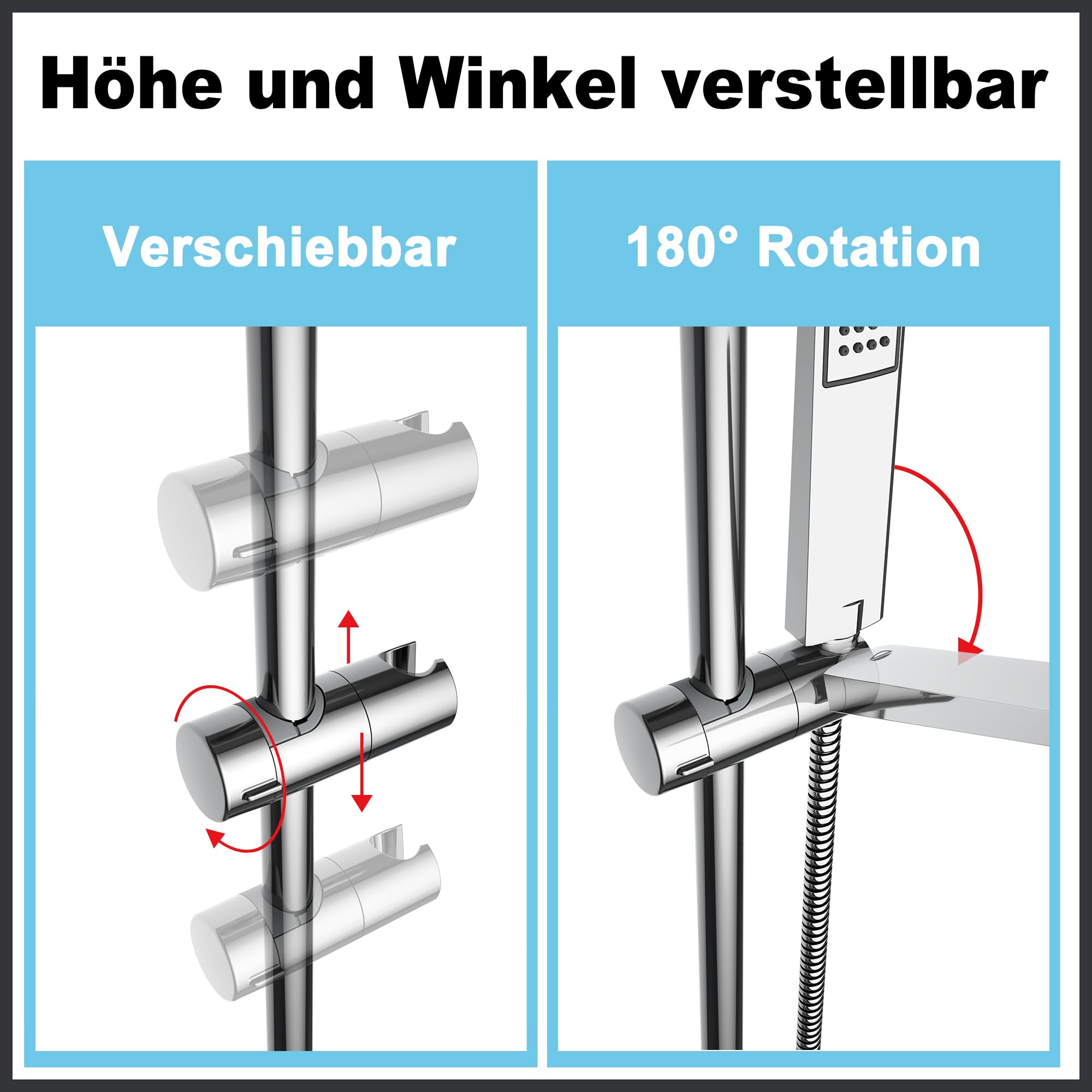 JOHO Barre de douche en acier inoxydable, Colonne de douche avec Support mural réglable compatible avec les trous de perçage existants, 91 cm avec support de douchette, Chromé