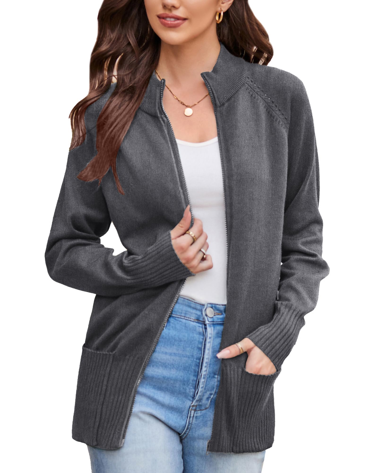 GRACE KARIN Womens Long Sleeve Zip Up Knit Cardigan with Pockets Stand Collar Full Zip Sweater Coats Trendy
