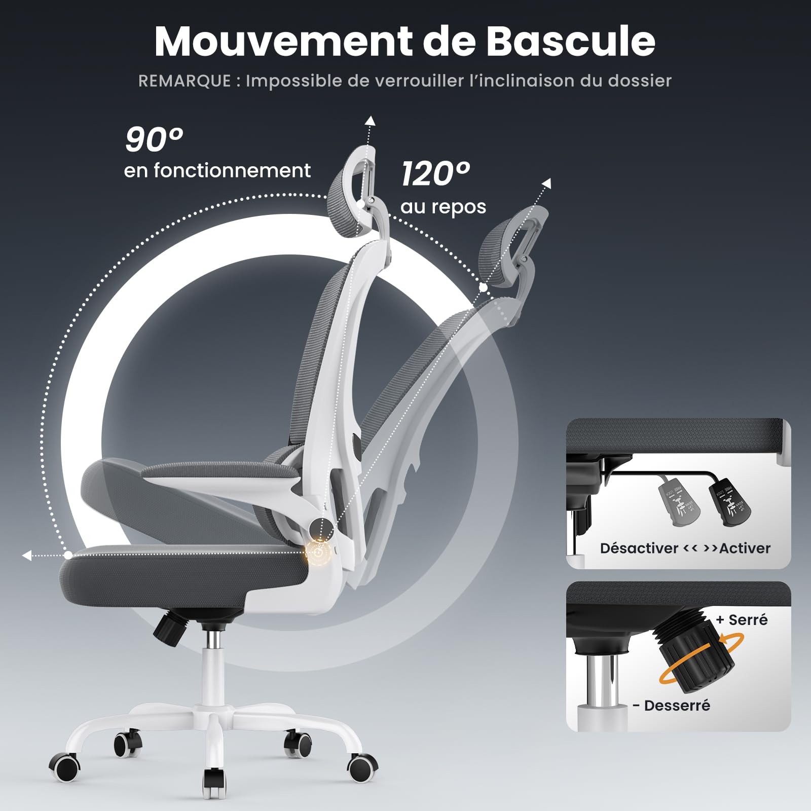 naspaluro Chaise de Bureau Ergonomique: Fauteuil Bureau avec Support Lombaire en C,Dossier et Appui-tête Réglables,Reversible Armrest,Siege en Maille Respirante Convient à la Maison Bureau,Gris Foncé